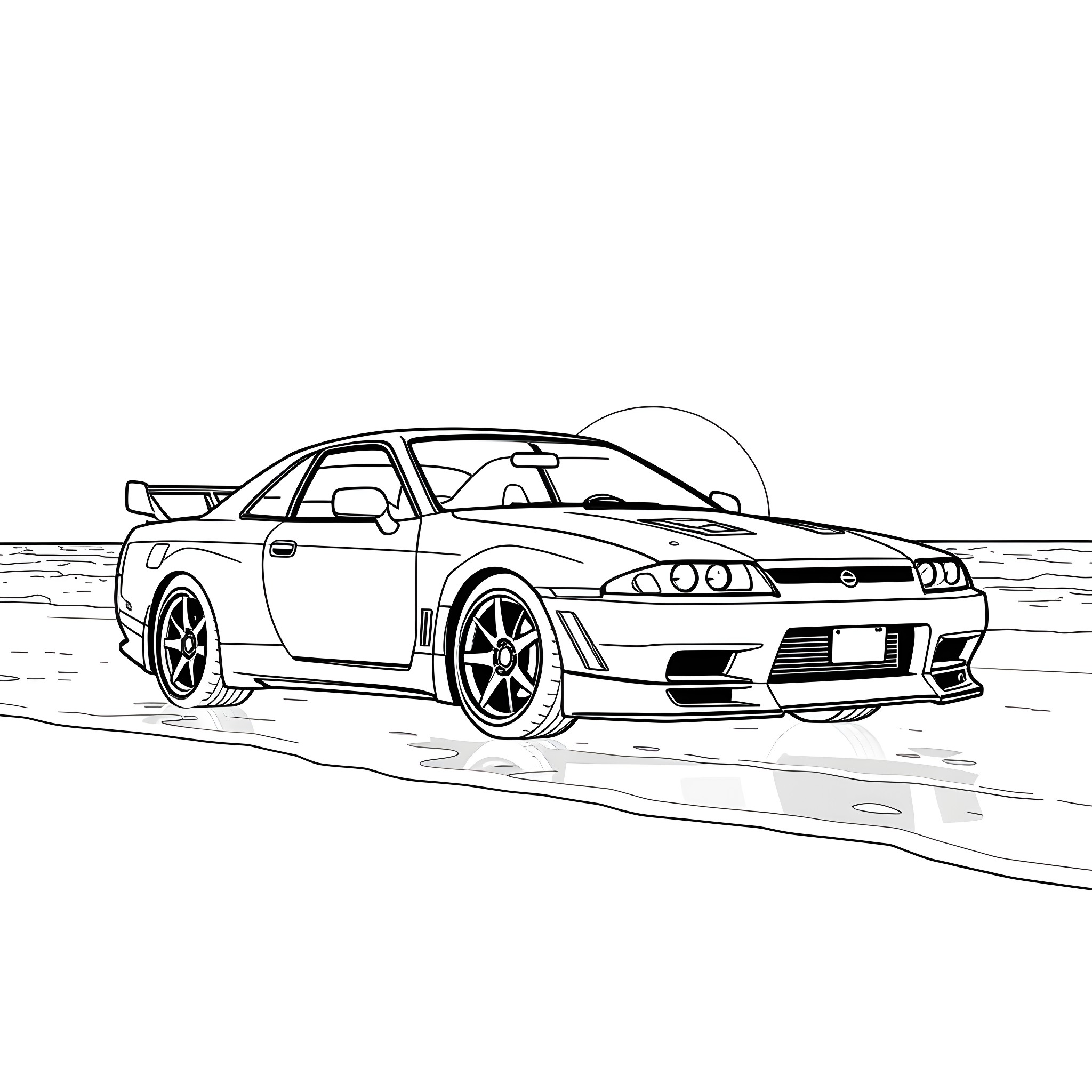 Nissan Skyline speeding on the road Coloring Page (free black-and-white line drawing printable PDF for all, from beginners to advanced learners, including children, teens, adults, and seniors)