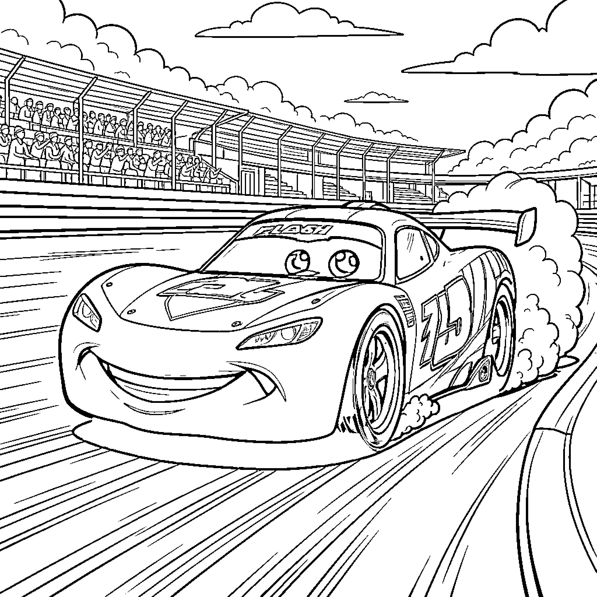 Flash McQueen racing fast on a crowded track Coloring Page (free black-and-white line drawing printable PDF for all, from beginners to advanced learners, including children, teens, adults, and seniors)