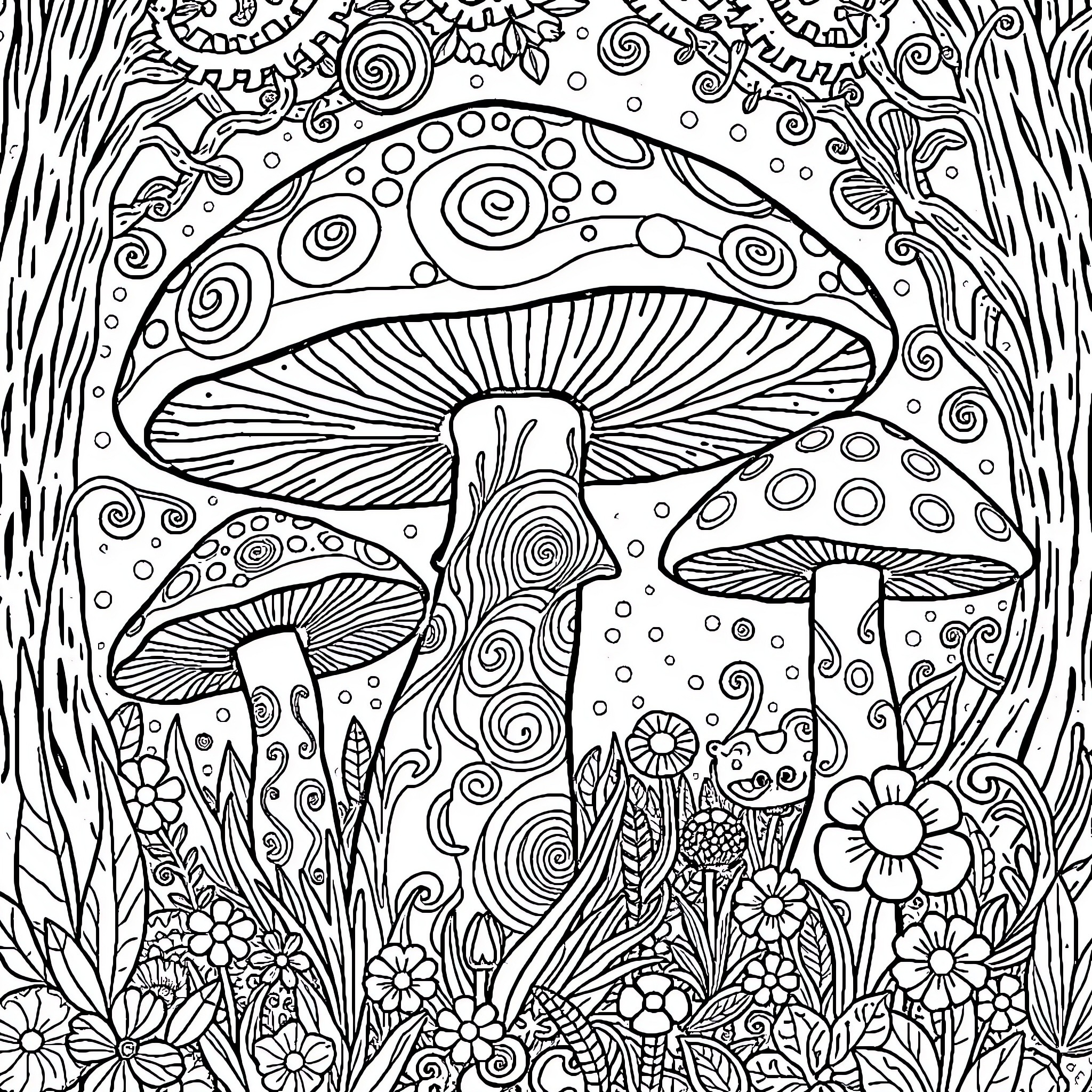 Mushroom Forest Whimsical Scene Coloring Page (free black-and-white line drawing printable PDF for all, from beginners to advanced learners, including children, teens, adults, and seniors)