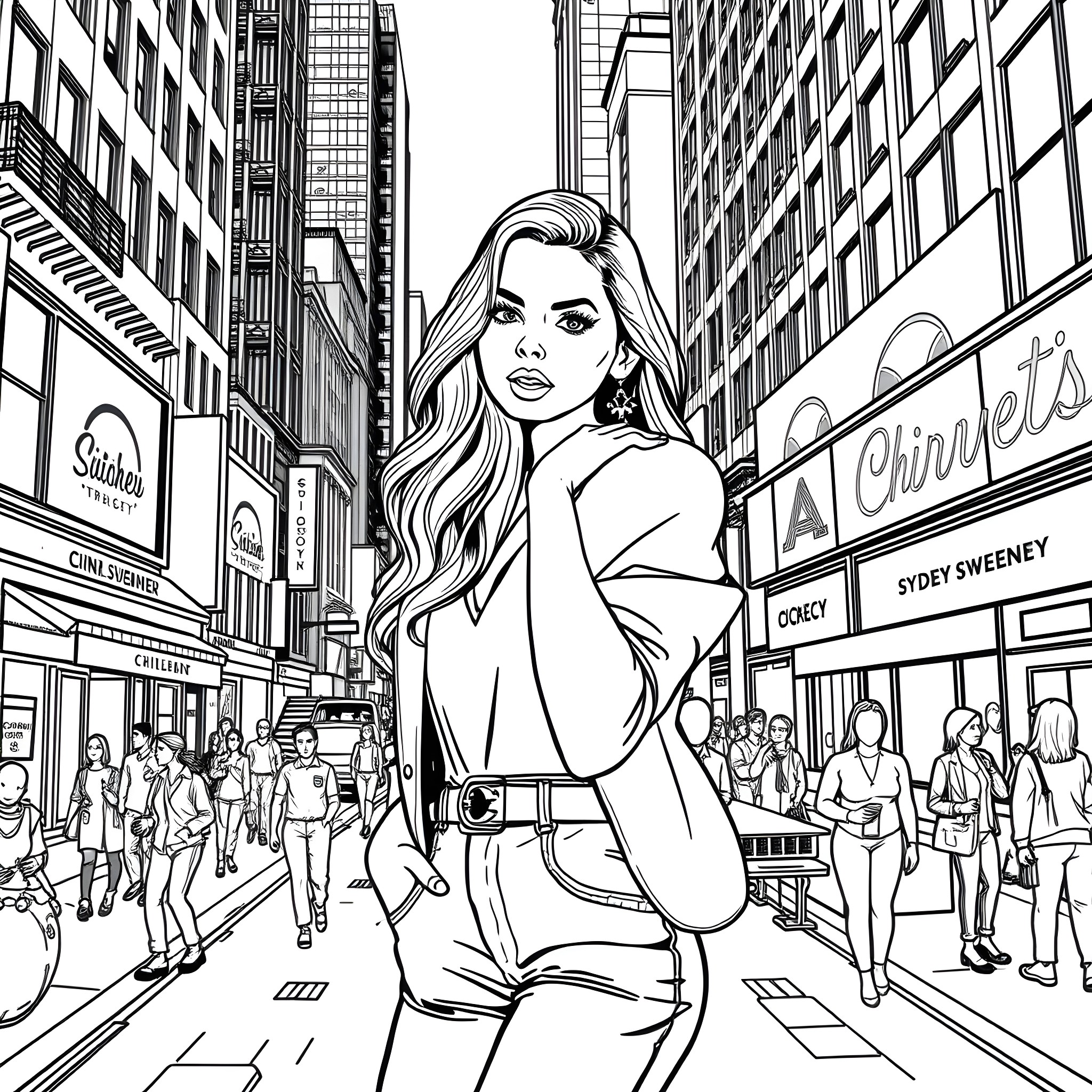 Sydney Sweeney Posing Confidently in the City Coloring Page (free black-and-white line drawing printable PDF for all, from beginners to advanced learners, including children, teens, adults, and seniors)