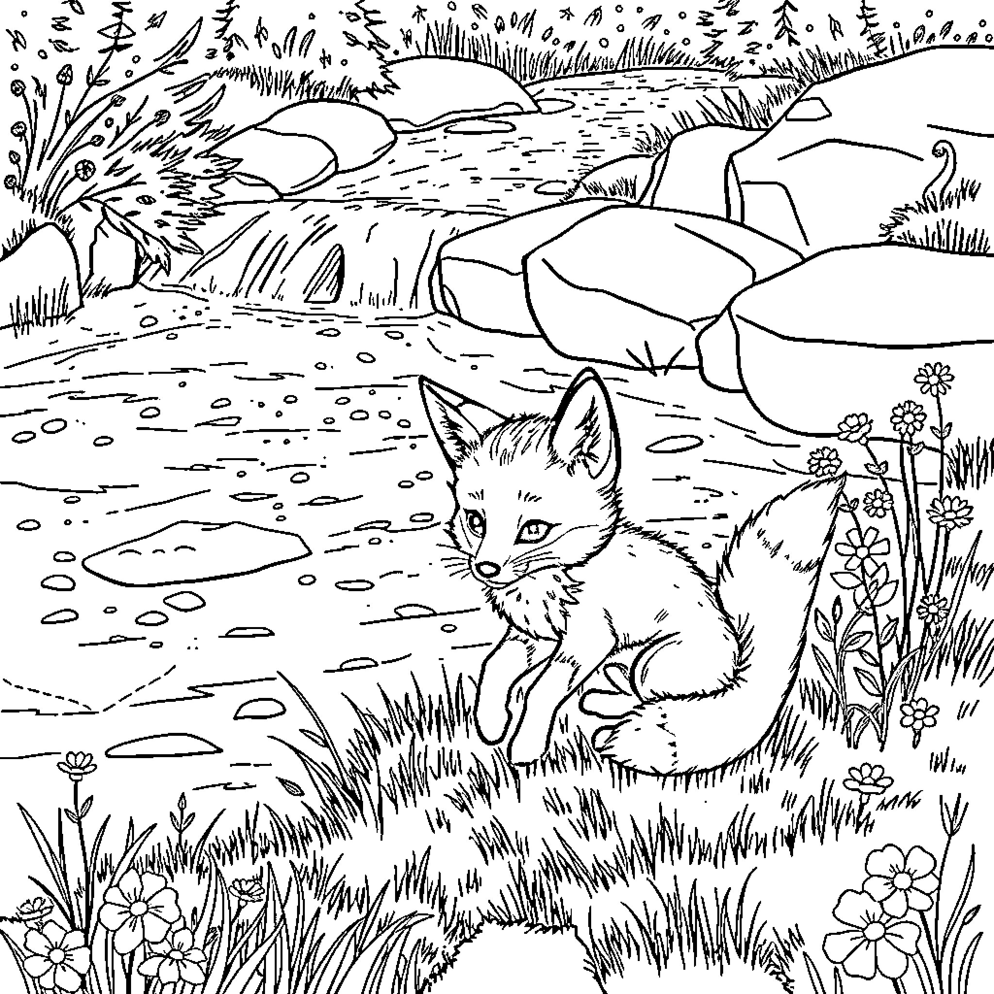 Fox exploring the wilderness landscape Coloring Page (free black-and-white line drawing printable PDF for all, from beginners to advanced learners, including children, teens, adults, and seniors)