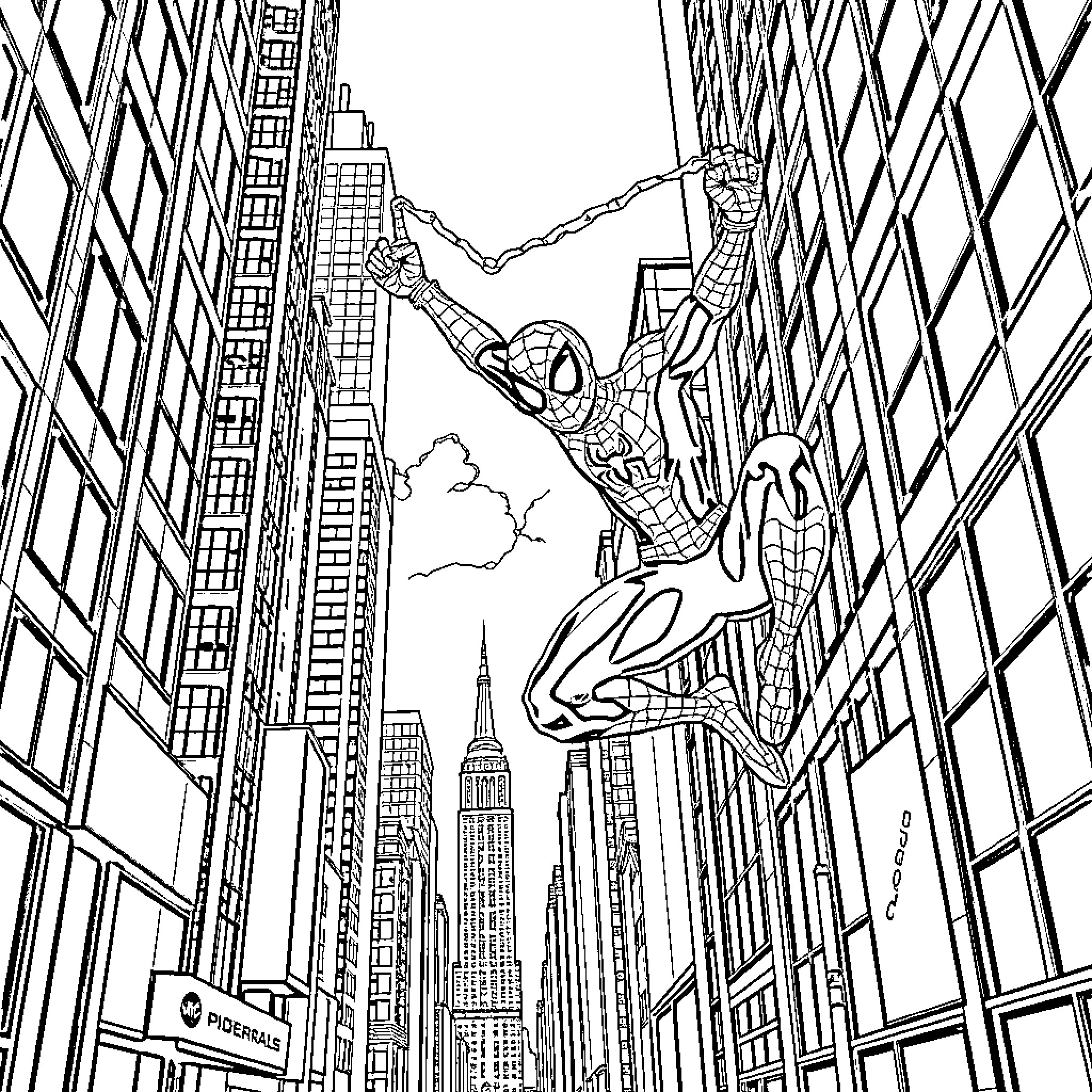 Spider-Man swinging through the city skyline Coloring Page (free black-and-white line drawing printable PDF for all, from beginners to advanced learners, including children, teens, adults, and seniors)