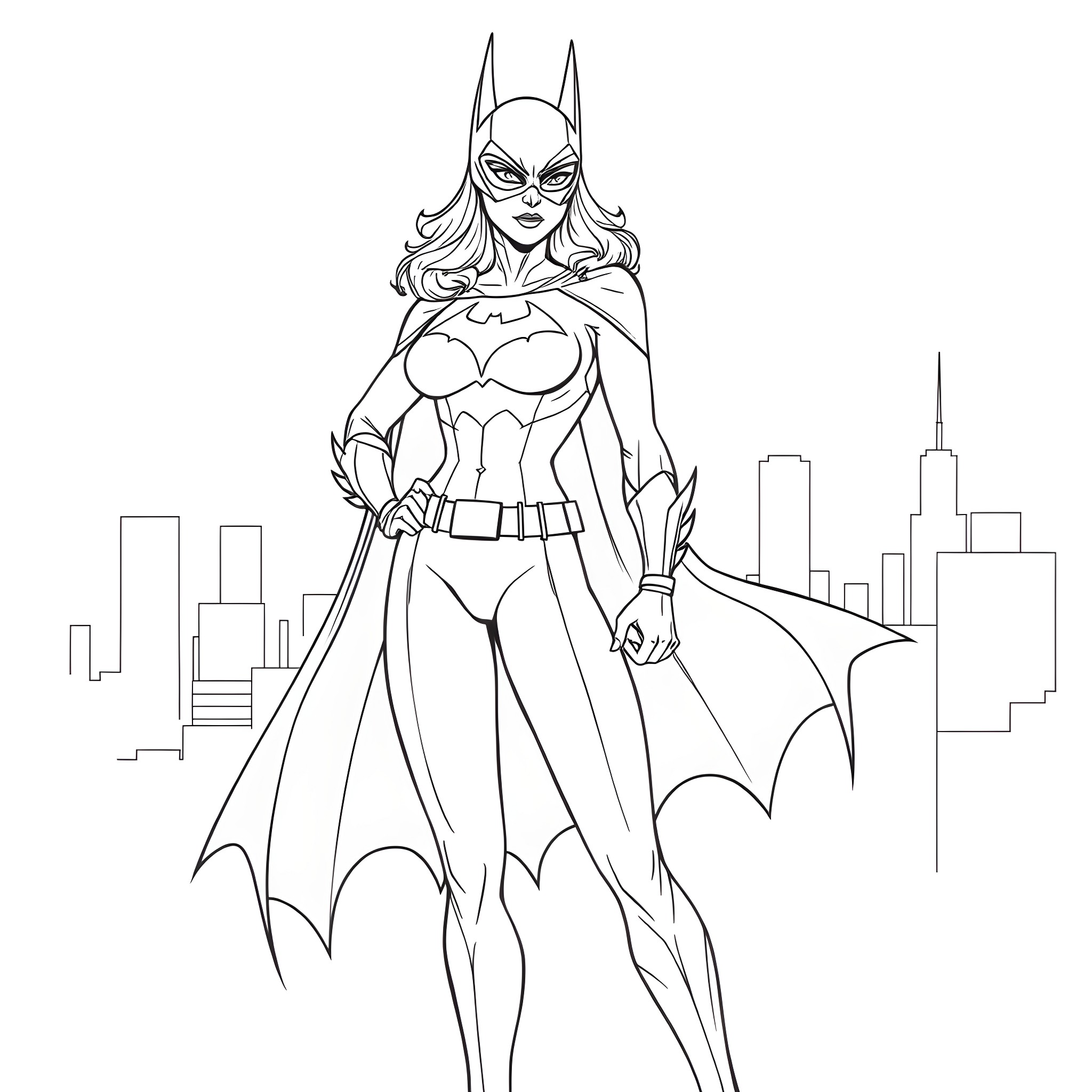 Batman heroine strikes a heroic pose Coloring Page (free black-and-white line drawing printable PDF for all, from beginners to advanced learners, including children, teens, adults, and seniors)