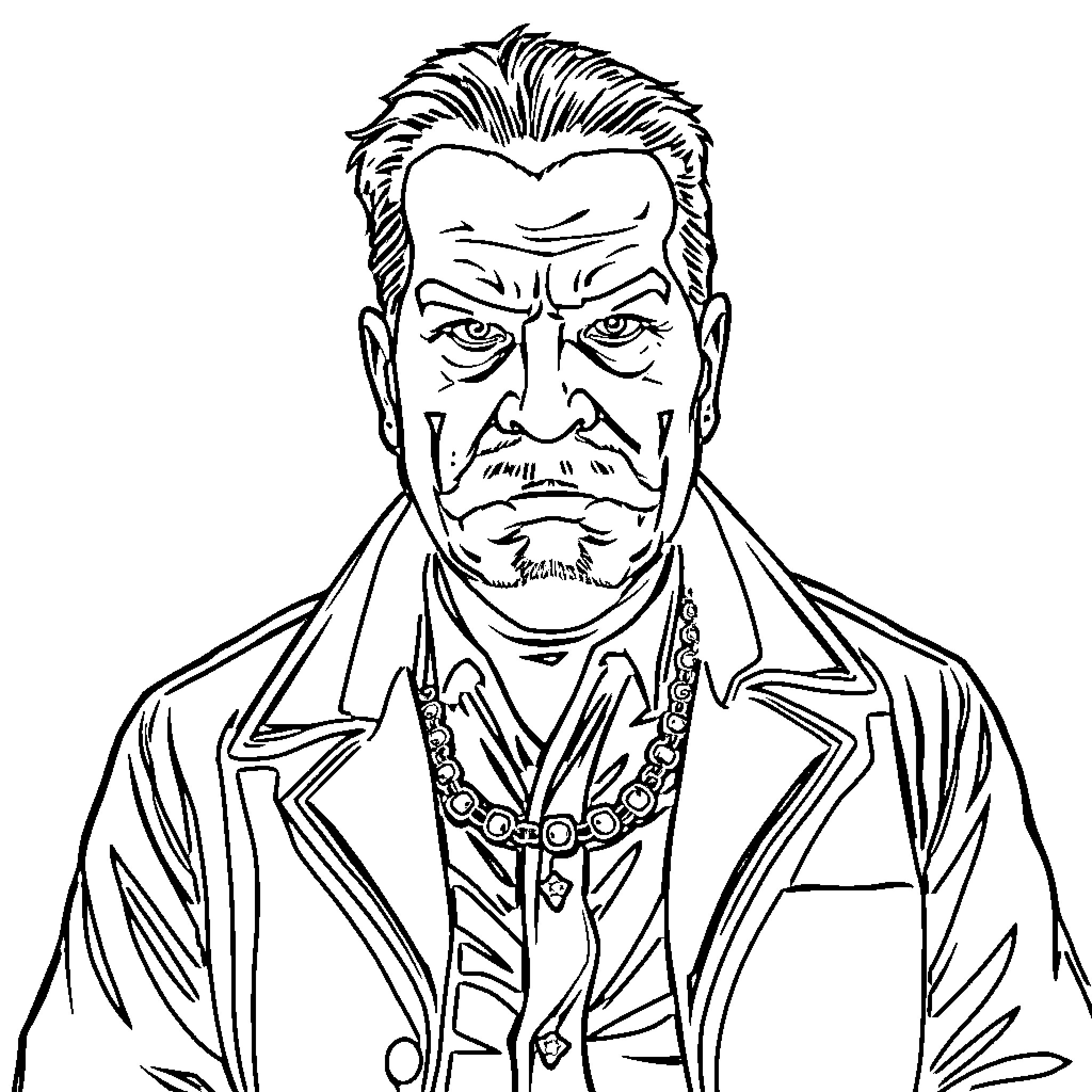El Chapo in Stern Expression and Ornate Attire Coloring Page (free black-and-white line drawing printable PDF for all, from beginners to advanced learners, including children, teens, adults, and seniors)