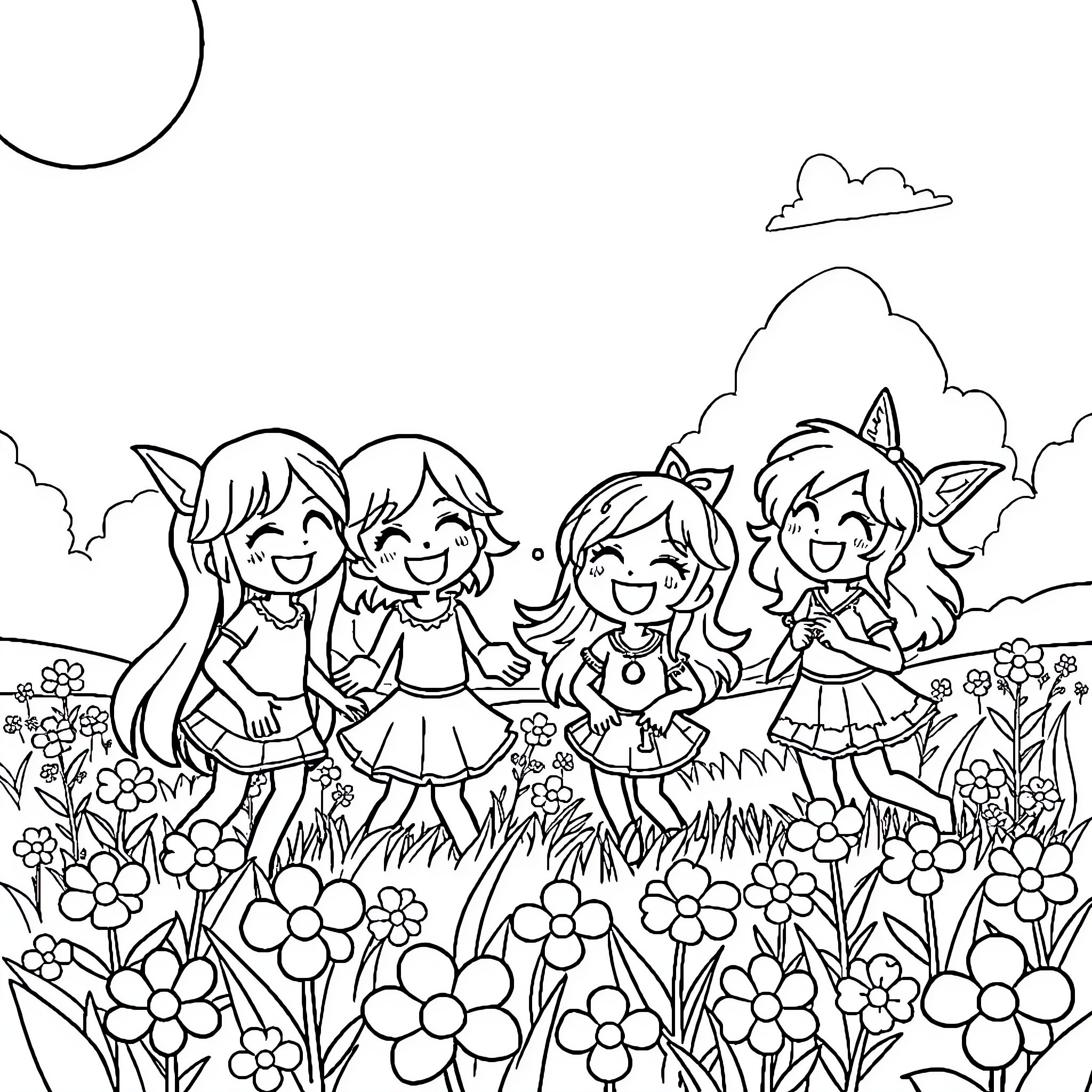 Fun Gang Playing in the Flower Field Coloring Page (free black-and-white line drawing printable PDF for all, from beginners to advanced learners, including children, teens, adults, and seniors)