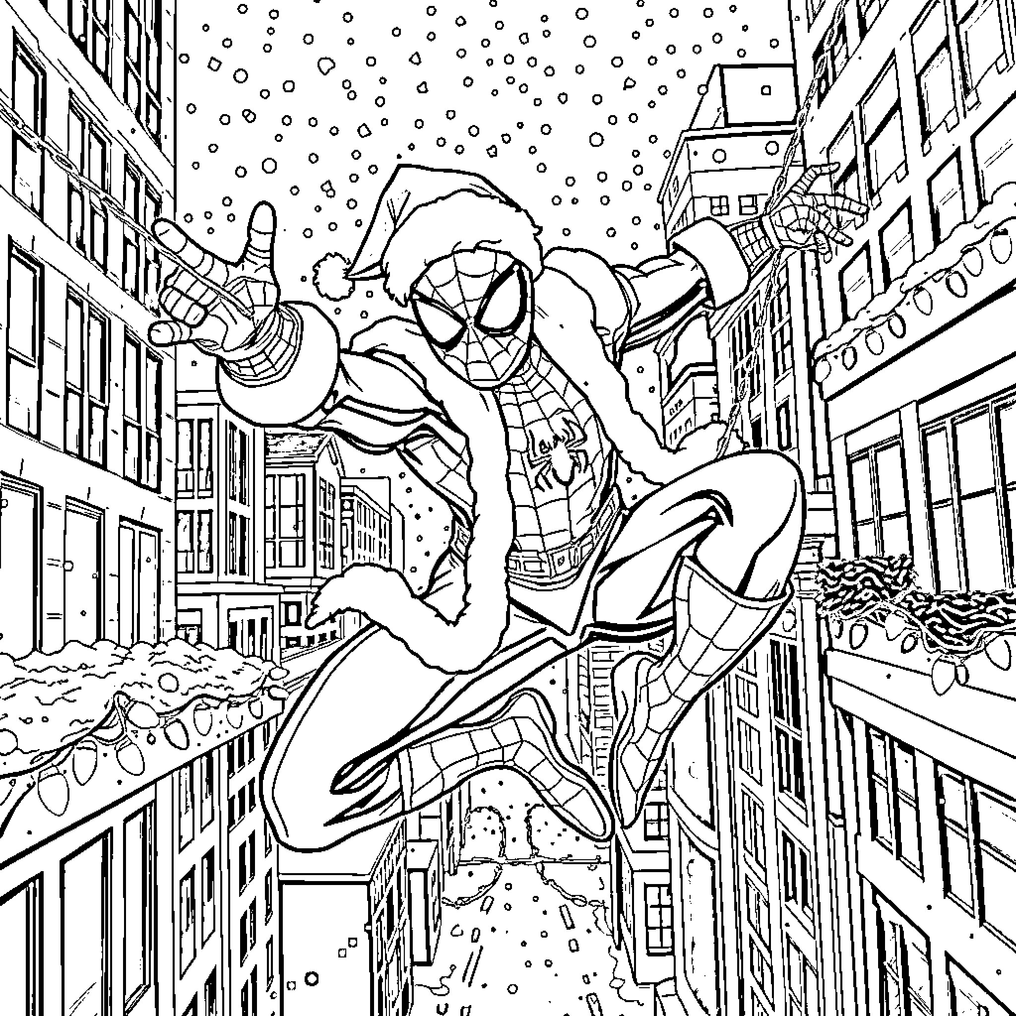 Spider-Man swinging through the city during winter Coloring Page (free black-and-white line drawing printable PDF for all, from beginners to advanced learners, including children, teens, adults, and seniors)