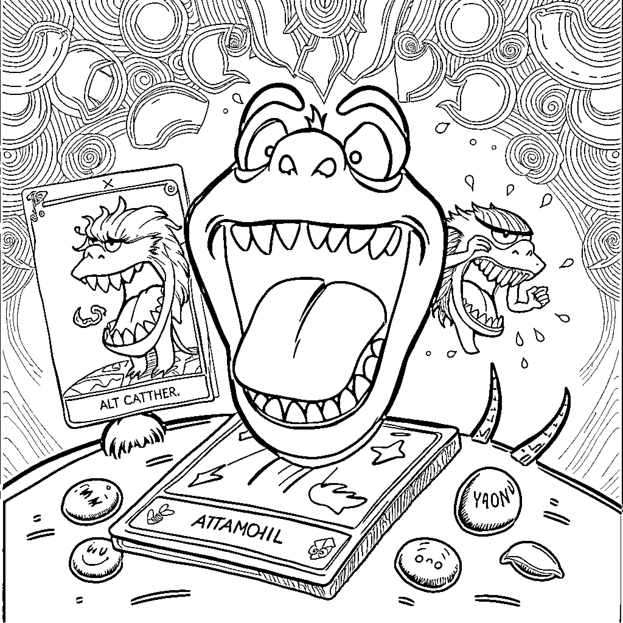 Tarot Cards and Monstrous Creatures Coloring Page (free black-and-white line drawing printable PDF for all, from beginners to advanced learners, including children, teens, adults, and seniors)