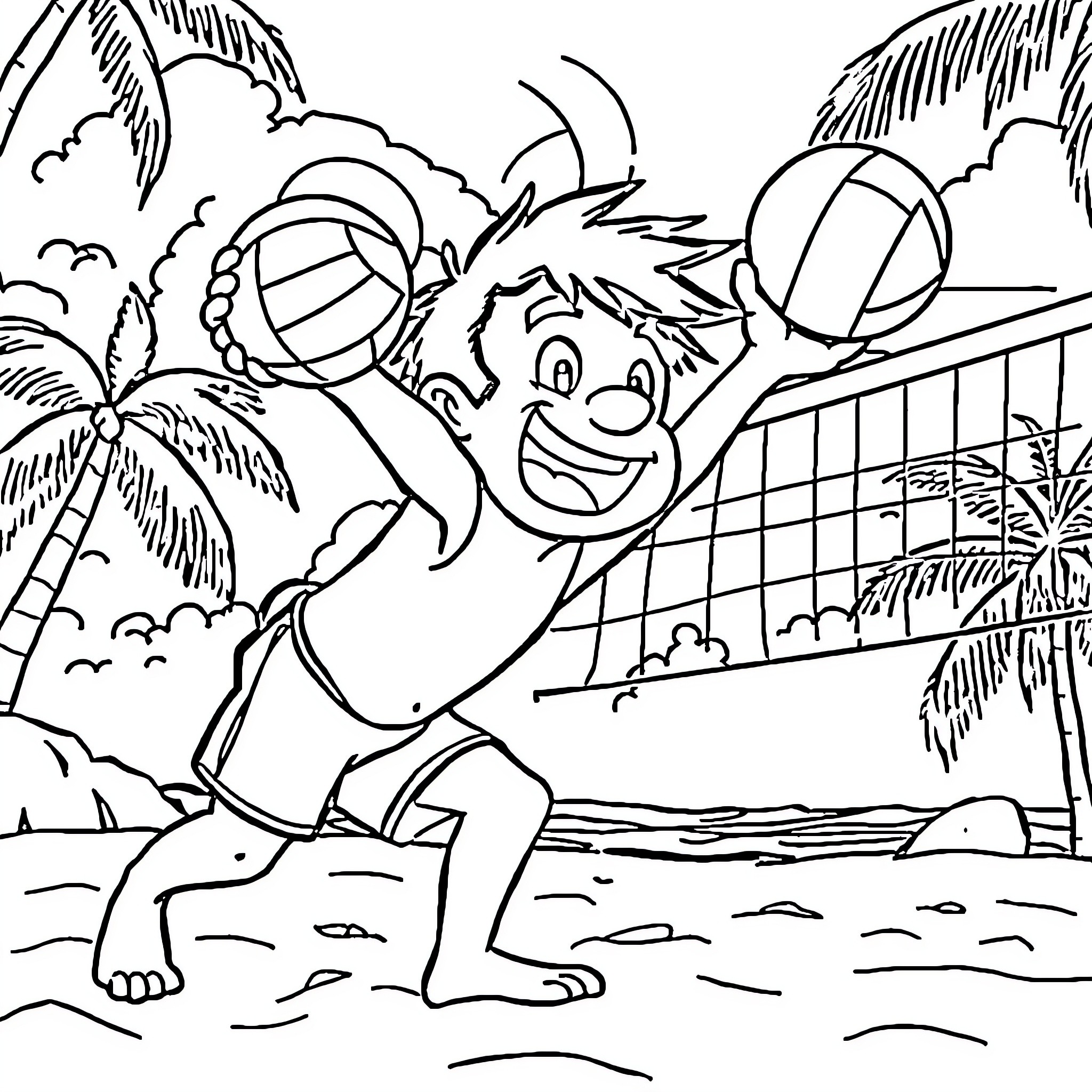 Gojo playing volleyball on the beach Coloring Page (free black-and-white line drawing printable PDF for all, from beginners to advanced learners, including children, teens, adults, and seniors)