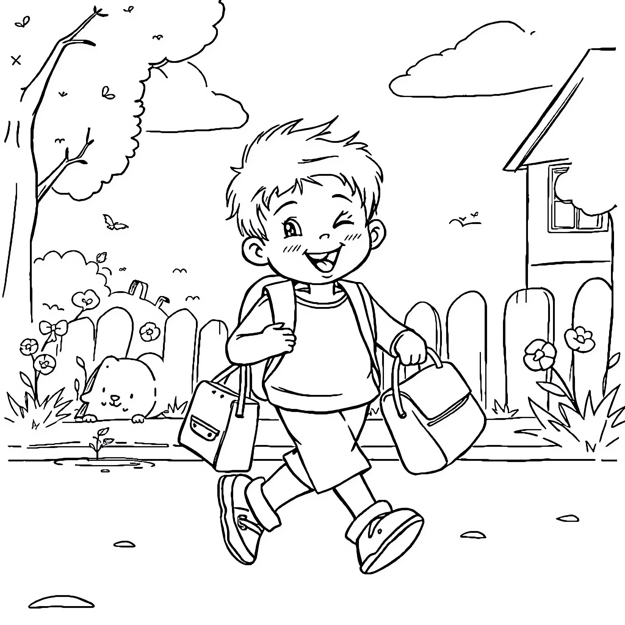 Bear boy happily walking to school Coloring Page (free black-and-white line drawing printable PDF for all, from beginners to advanced learners, including children, teens, adults, and seniors)