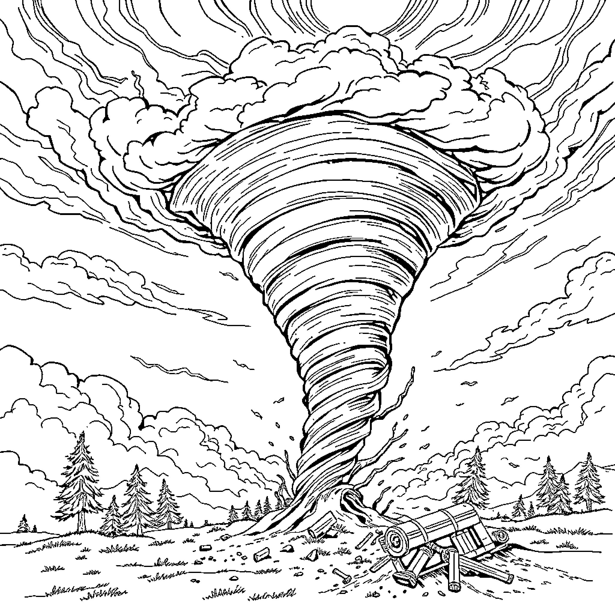 Tornado swirling through a forest landscape Coloring Page (free black-and-white line drawing printable PDF for all, from beginners to advanced learners, including children, teens, adults, and seniors)