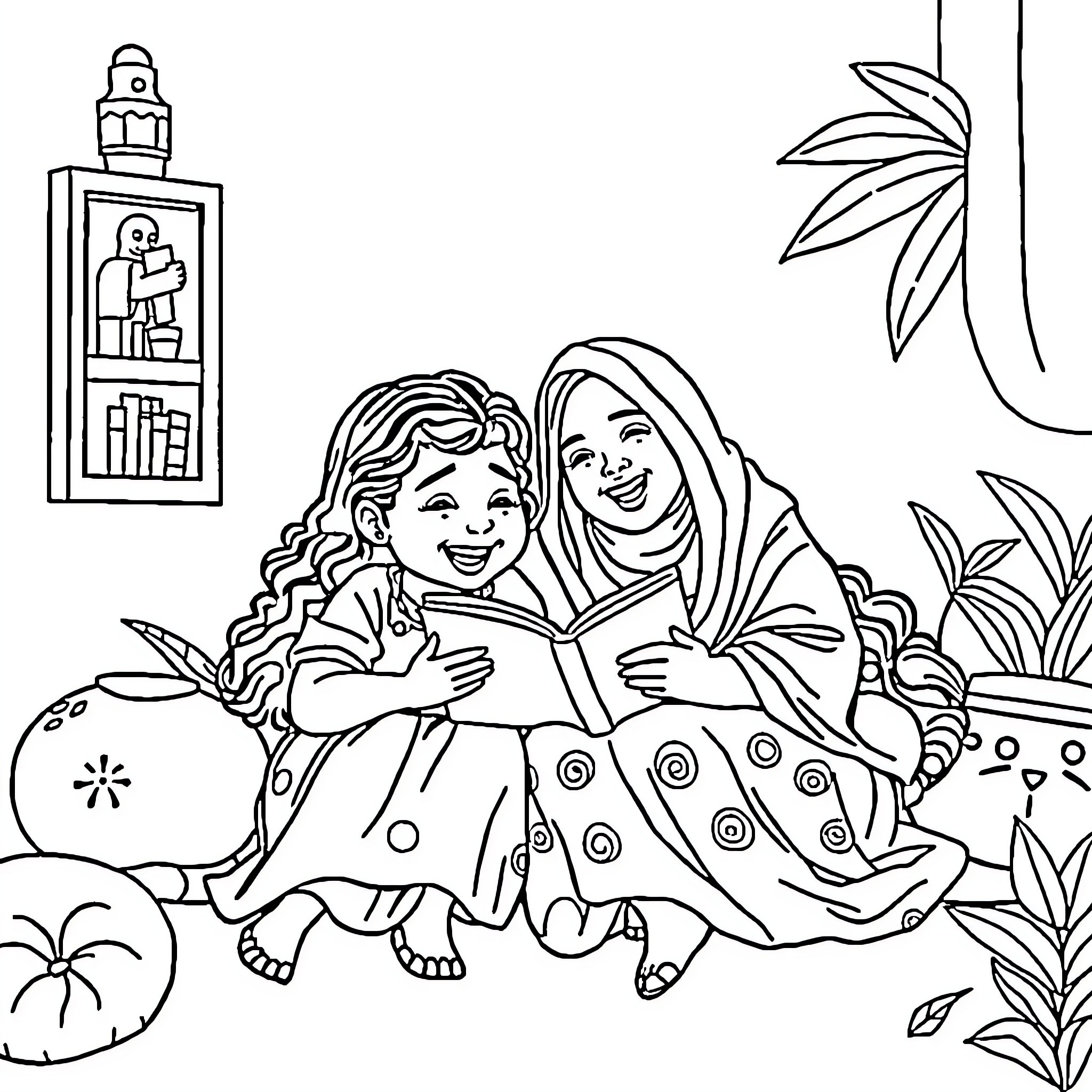 Coco: Mother and daughter reading a book together Coloring Page (free black-and-white line drawing printable PDF for all, from beginners to advanced learners, including children, teens, adults, and seniors)