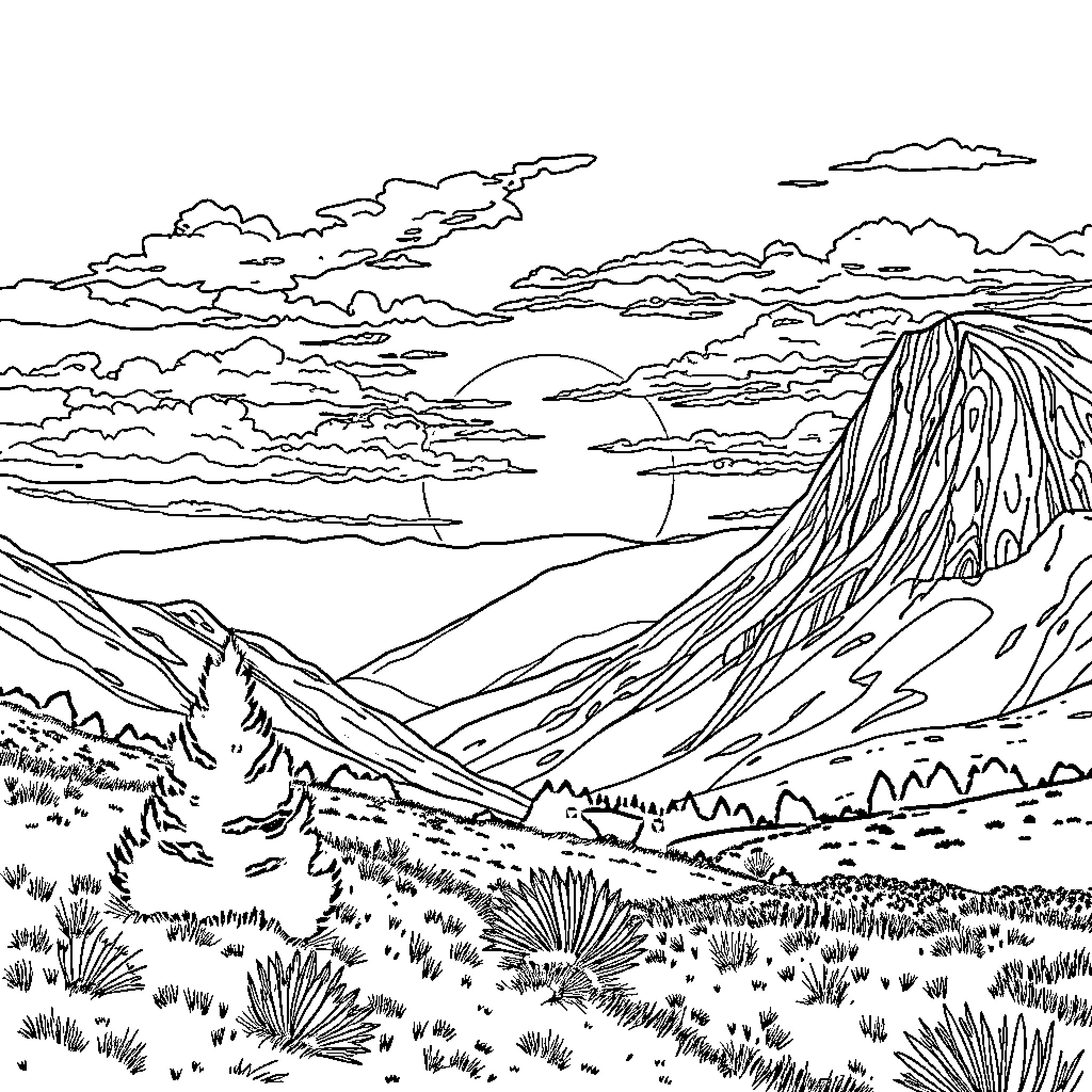 Sunset over the serene mountain landscape Coloring Page (free black-and-white line drawing printable PDF for all, from beginners to advanced learners, including children, teens, adults, and seniors)