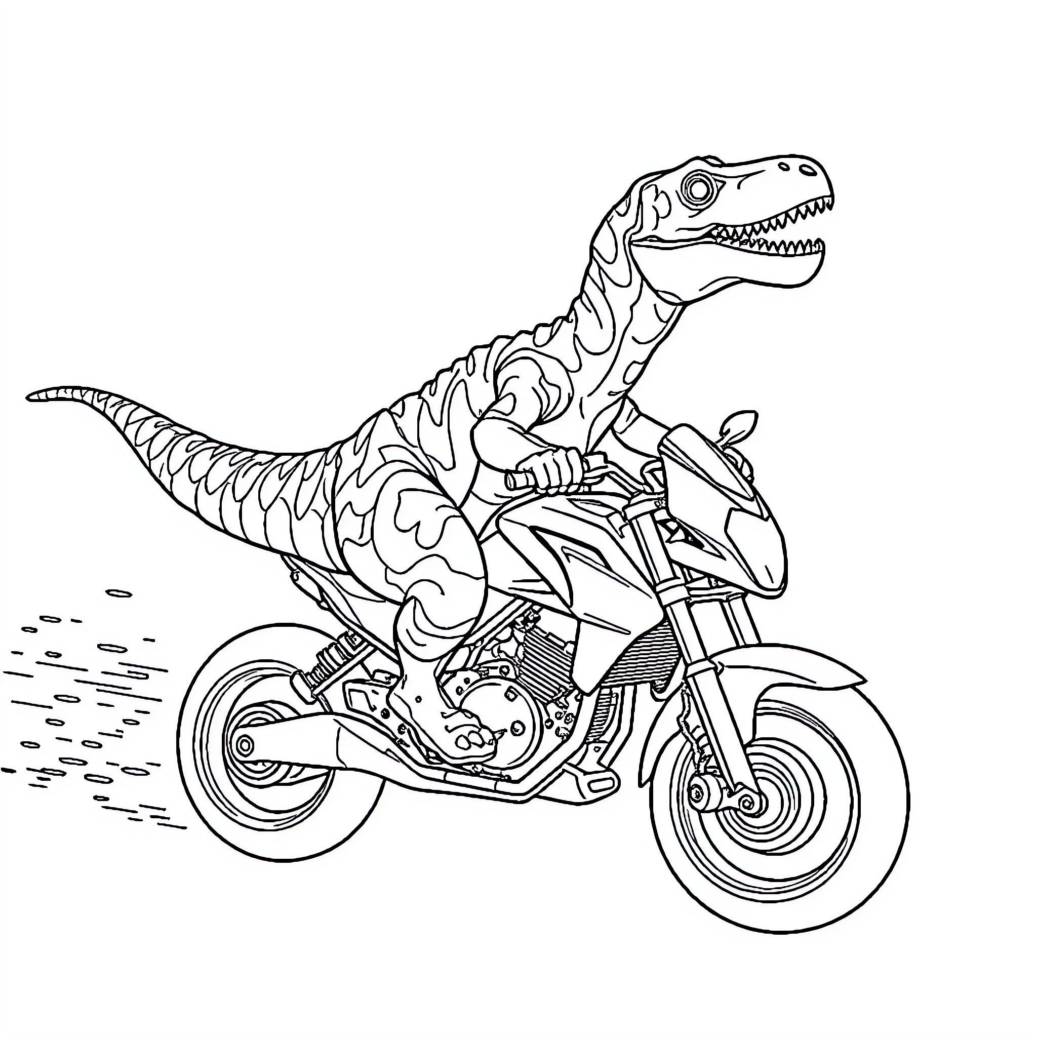 Dinosaur riding a motorcycle on the road Coloring Page (free black-and-white line drawing printable PDF for all, from beginners to advanced learners, including children, teens, adults, and seniors)