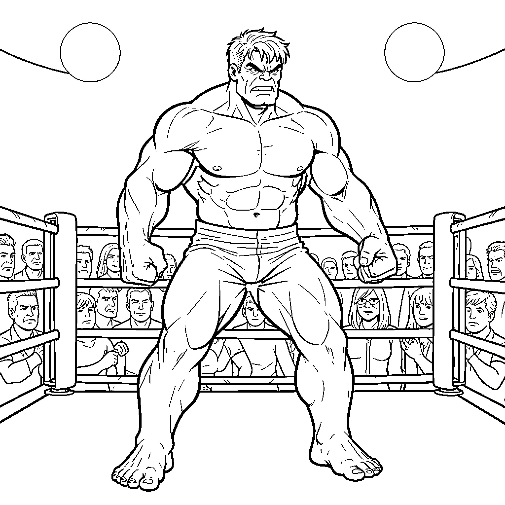 Hulk standing powerfully inside a boxing ring Coloring Page (free black-and-white line drawing printable PDF for all, from beginners to advanced learners, including children, teens, adults, and seniors)