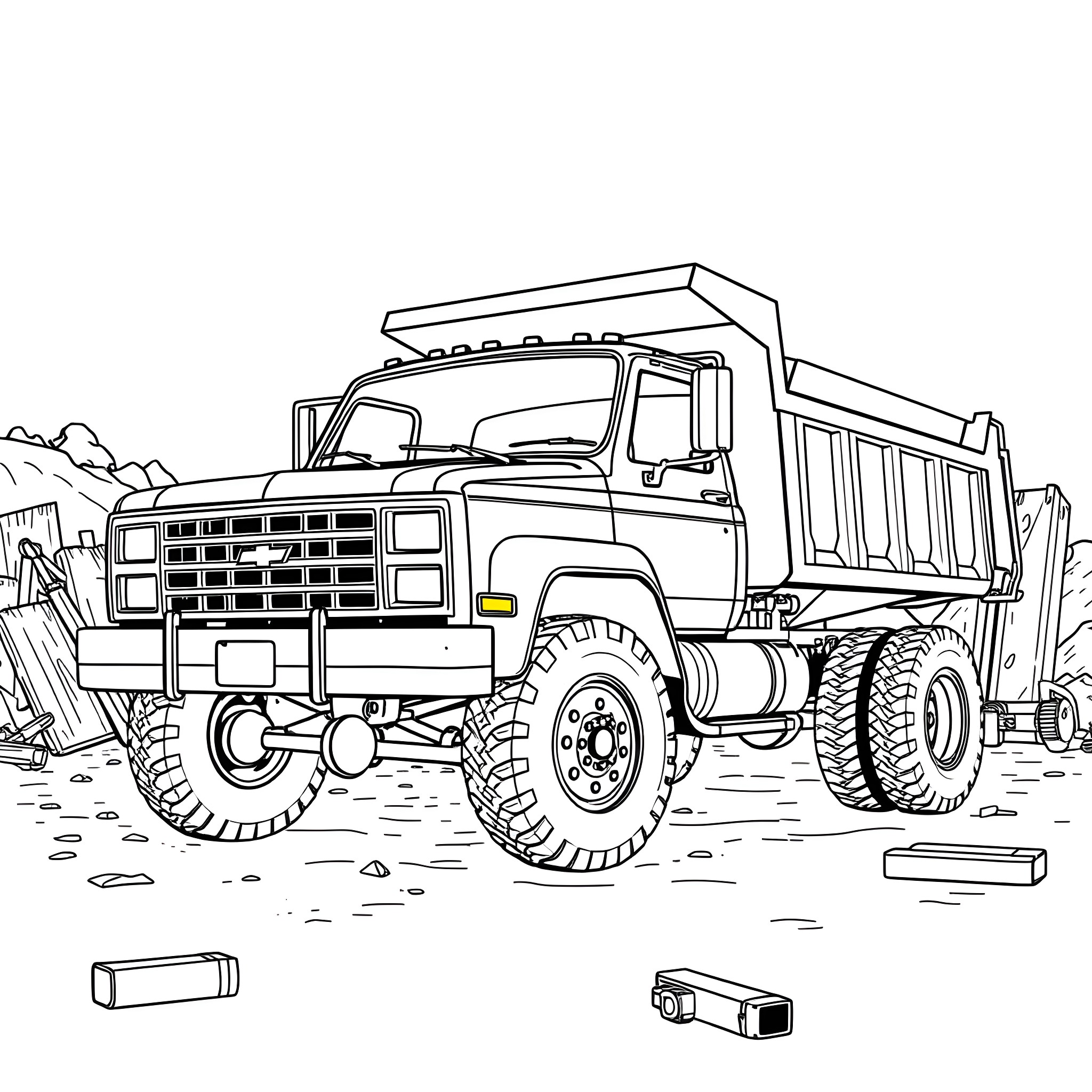 Chevy Dump Truck Hauling Construction Materials Coloring Page (free black-and-white line drawing printable PDF for all, from beginners to advanced learners, including children, teens, adults, and seniors)