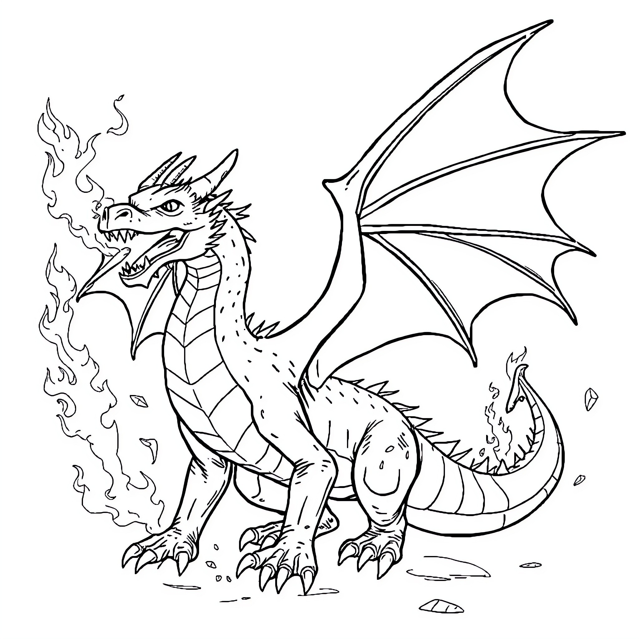 Dracofeu's Fiery Roar Coloring Page (free black-and-white line drawing printable PDF for all, from beginners to advanced learners, including children, teens, adults, and seniors)