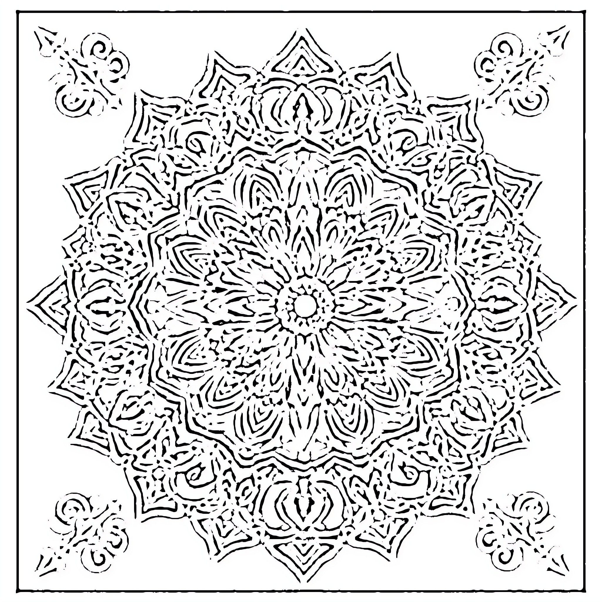 Mandalas with intricate symmetrical patterns Coloring Page (free black-and-white line drawing printable PDF for all, from beginners to advanced learners, including children, teens, adults, and seniors)