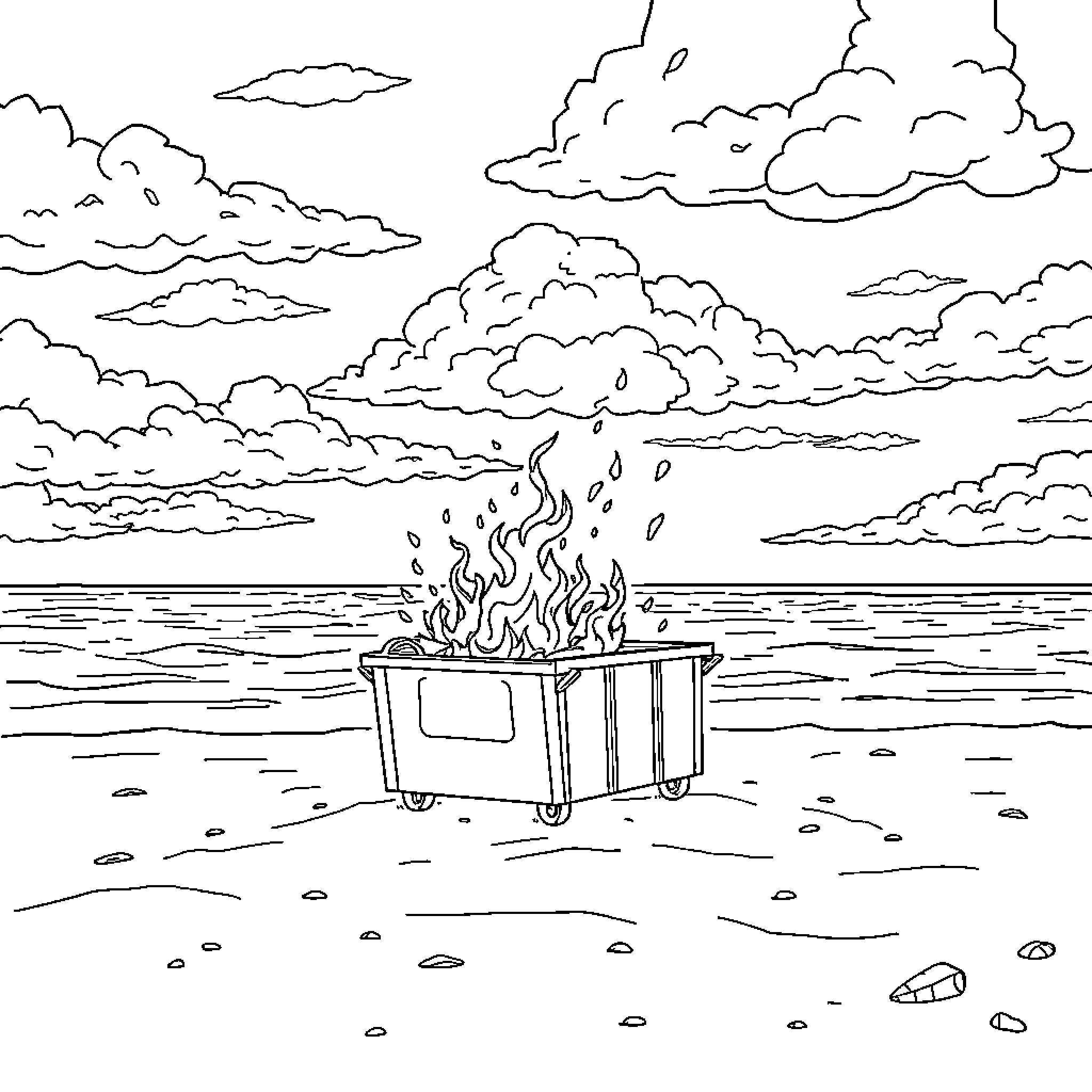 Dumpster engulfed in flames on the beach Coloring Page (free black-and-white line drawing printable PDF for all, from beginners to advanced learners, including children, teens, adults, and seniors)