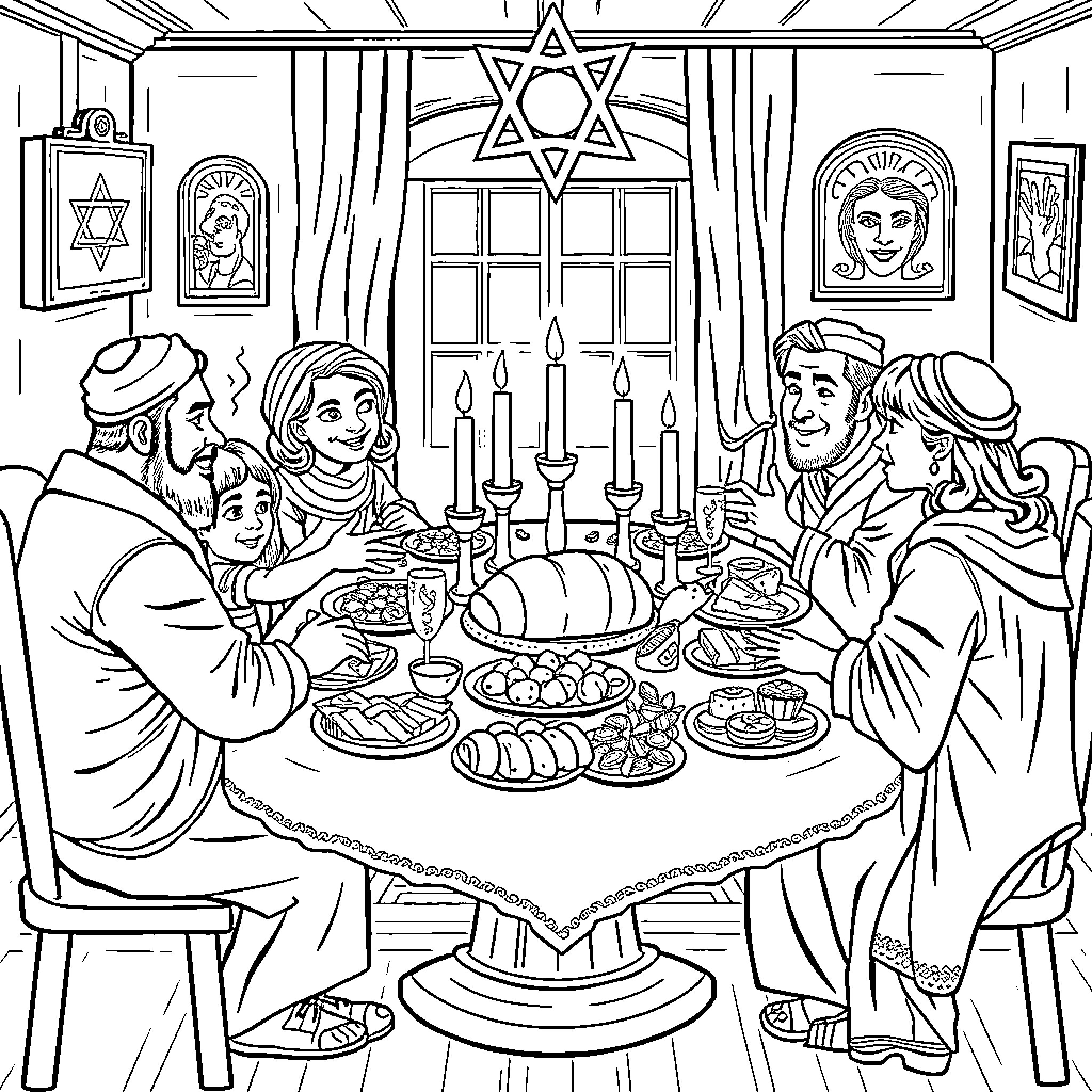 Family Celebrating Shabbat Dinner Together Coloring Page (free black-and-white line drawing printable PDF for all, from beginners to advanced learners, including children, teens, adults, and seniors)