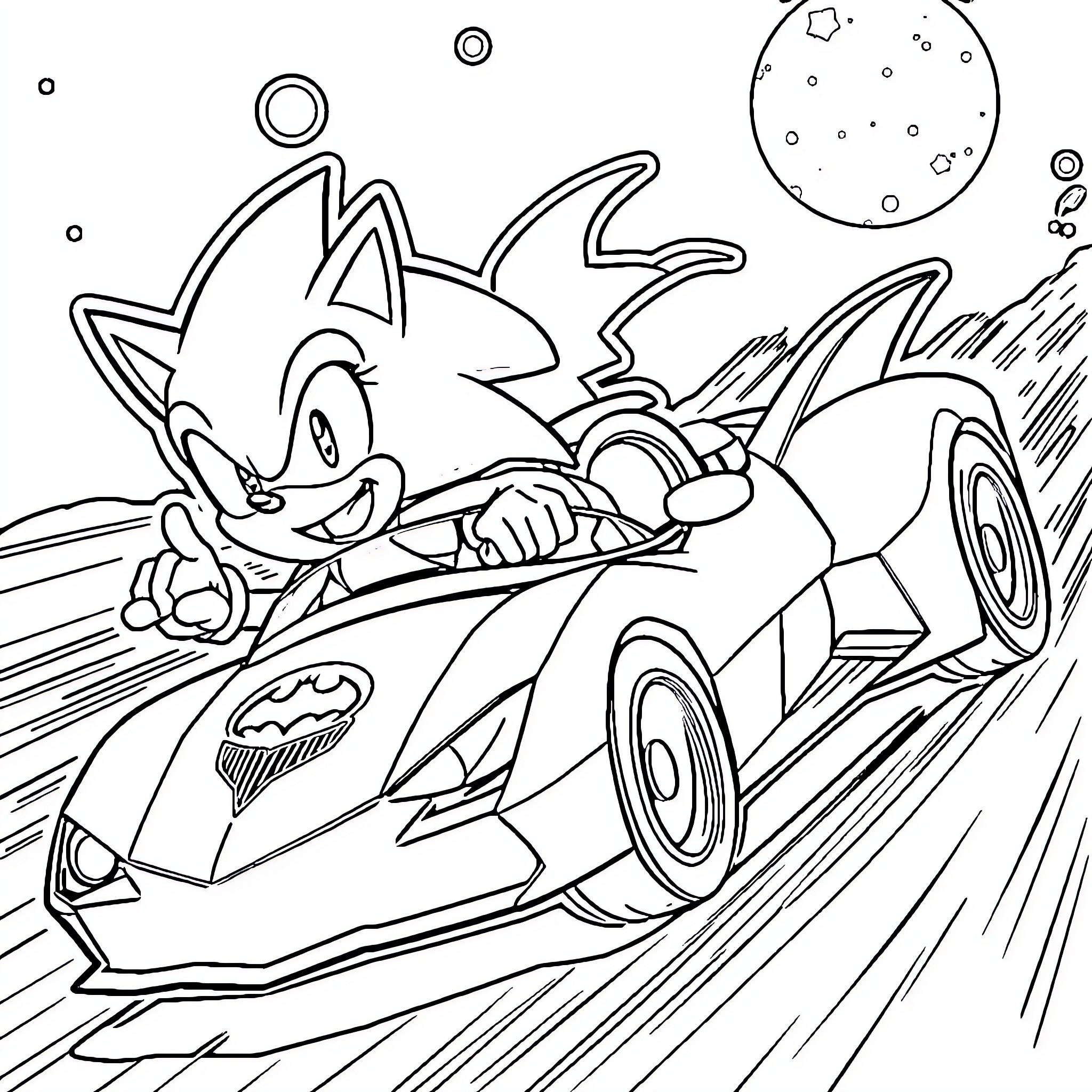 Sonic racing in futuristic vehicle through space Coloring Page (free black-and-white line drawing printable PDF for all, from beginners to advanced learners, including children, teens, adults, and seniors)