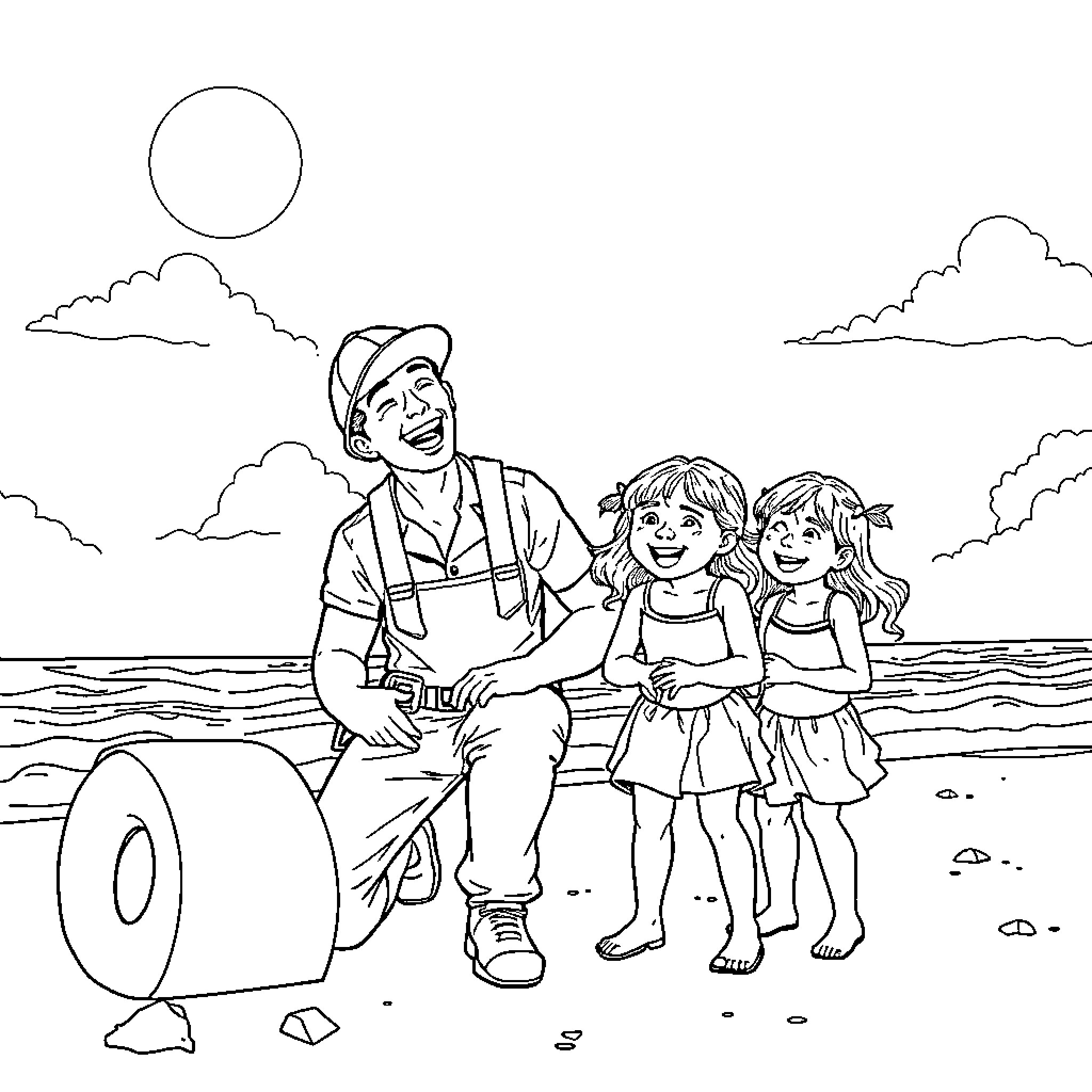Worker enjoys beach day with children Coloring Page (free black-and-white line drawing printable PDF for all, from beginners to advanced learners, including children, teens, adults, and seniors)