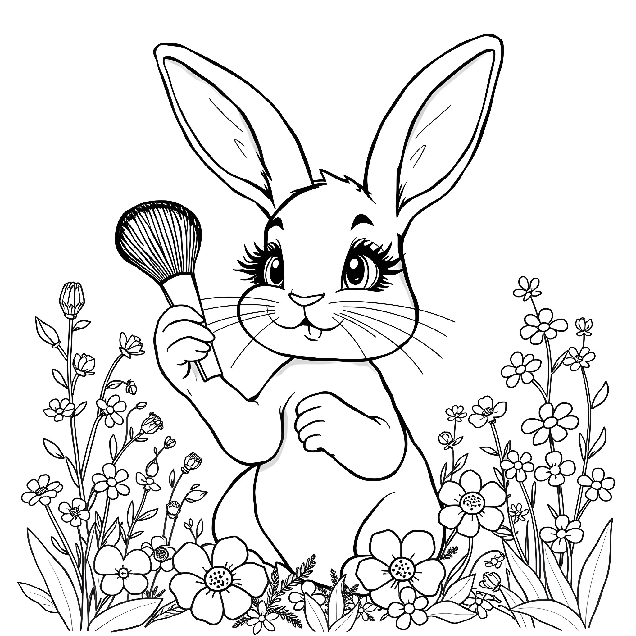 Rabbit applying makeup in floral garden Coloring Page (free black-and-white line drawing printable PDF for all, from beginners to advanced learners, including children, teens, adults, and seniors)