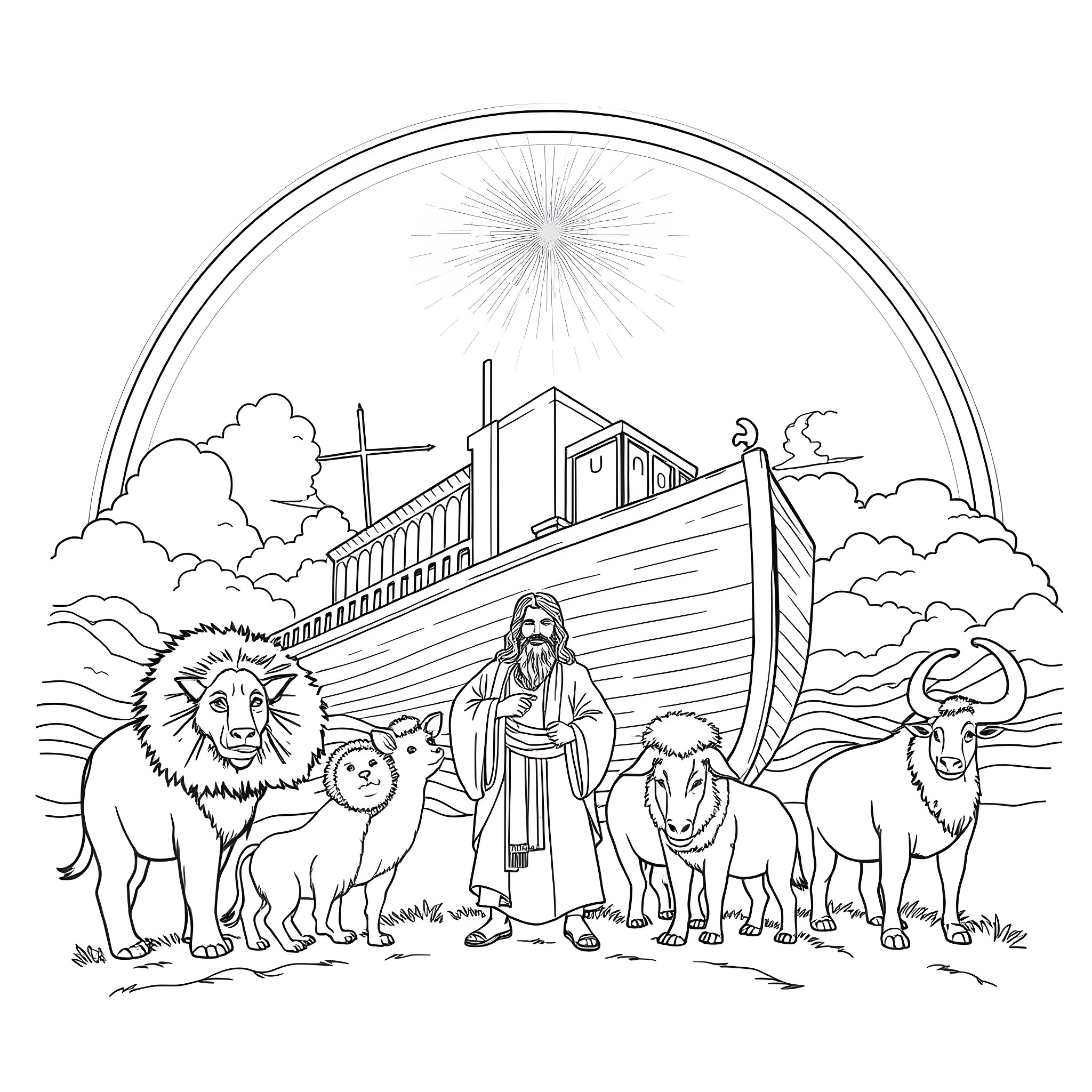 Noah's Ark and the Animals Coloring Page (free black-and-white line drawing printable PDF for all, from beginners to advanced learners, including children, teens, adults, and seniors)
