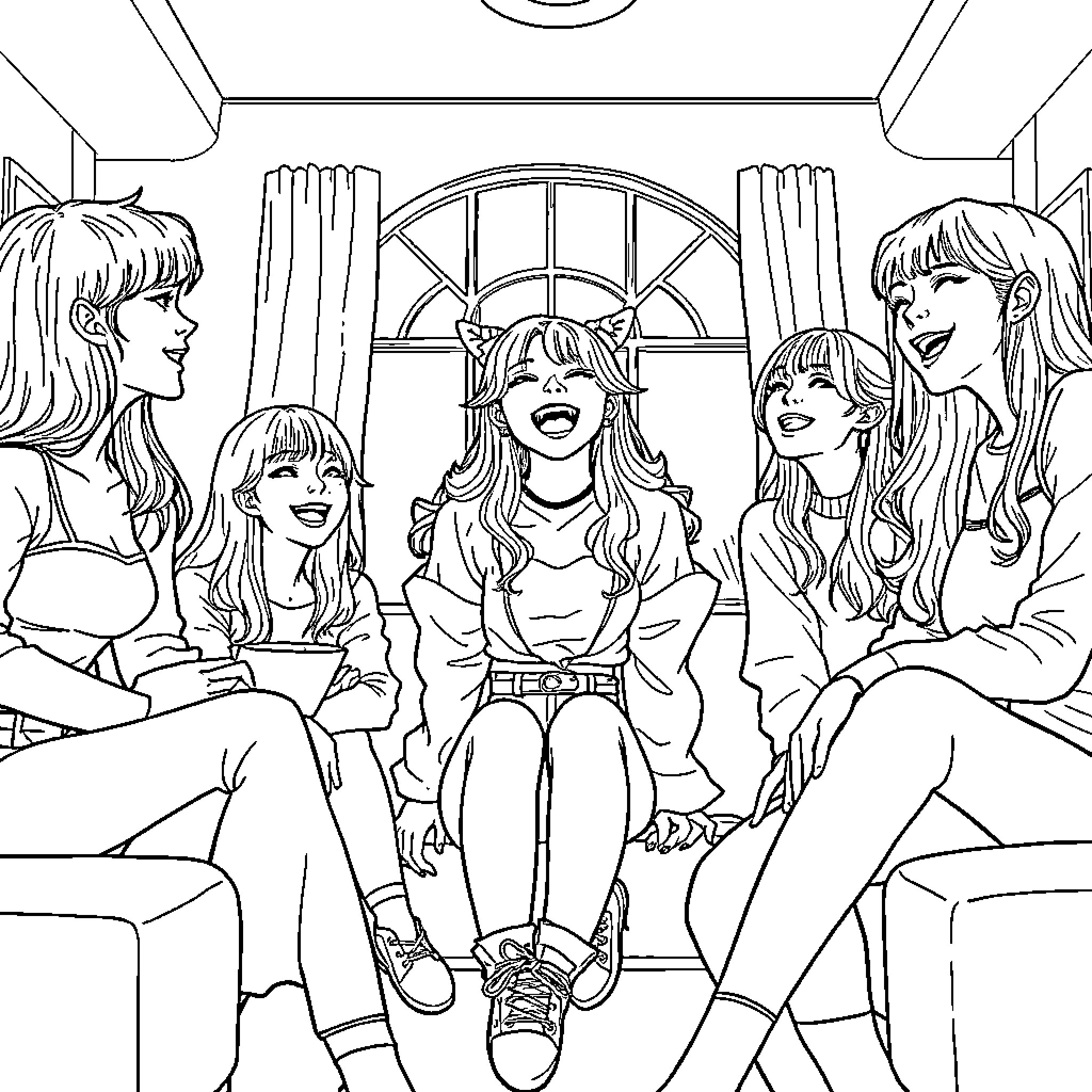 Rumi and friends enjoying time together Coloring Page (free black-and-white line drawing printable PDF for all, from beginners to advanced learners, including children, teens, adults, and seniors)