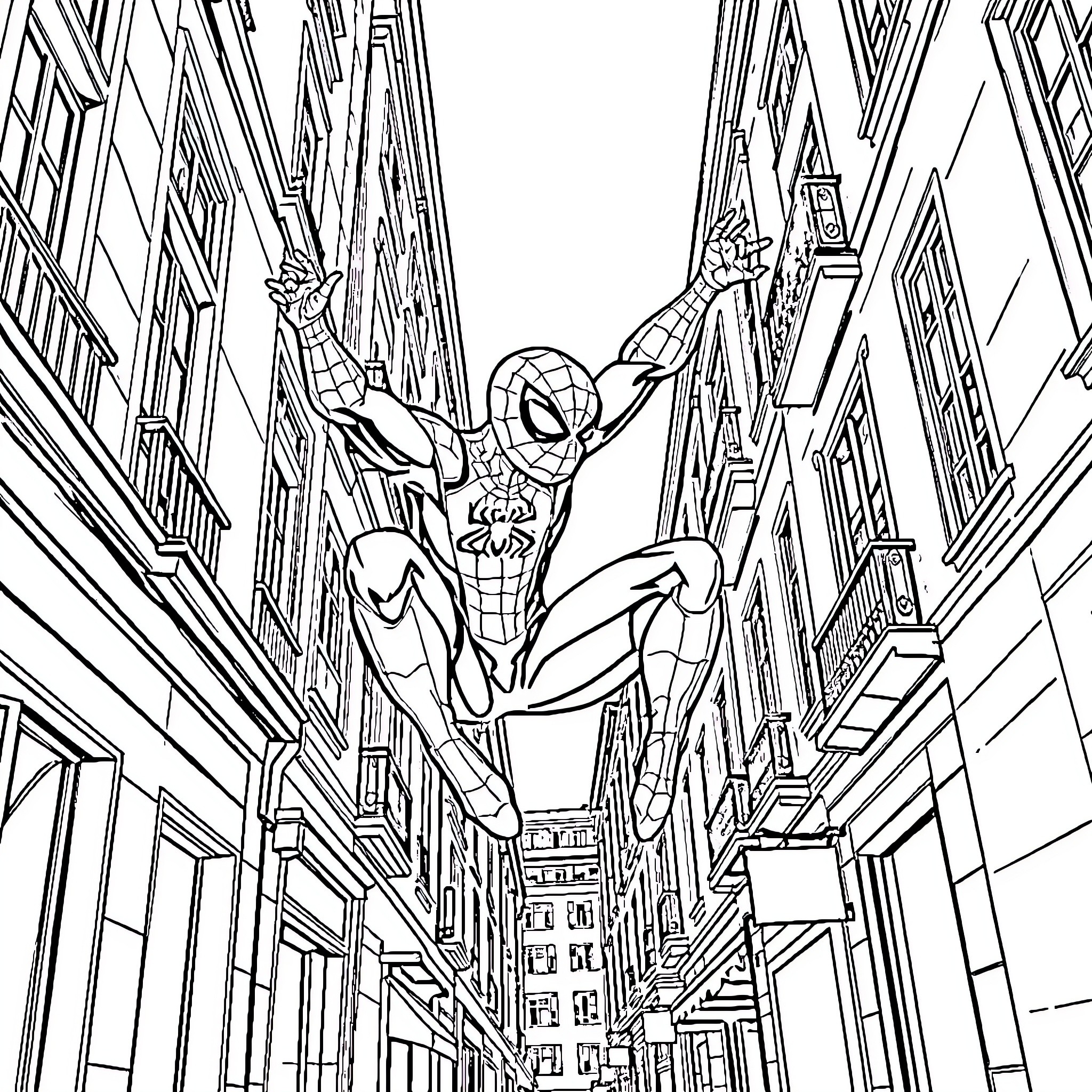 Spider-Man swinging through the city streets Coloring Page (free black-and-white line drawing printable PDF for all, from beginners to advanced learners, including children, teens, adults, and seniors)