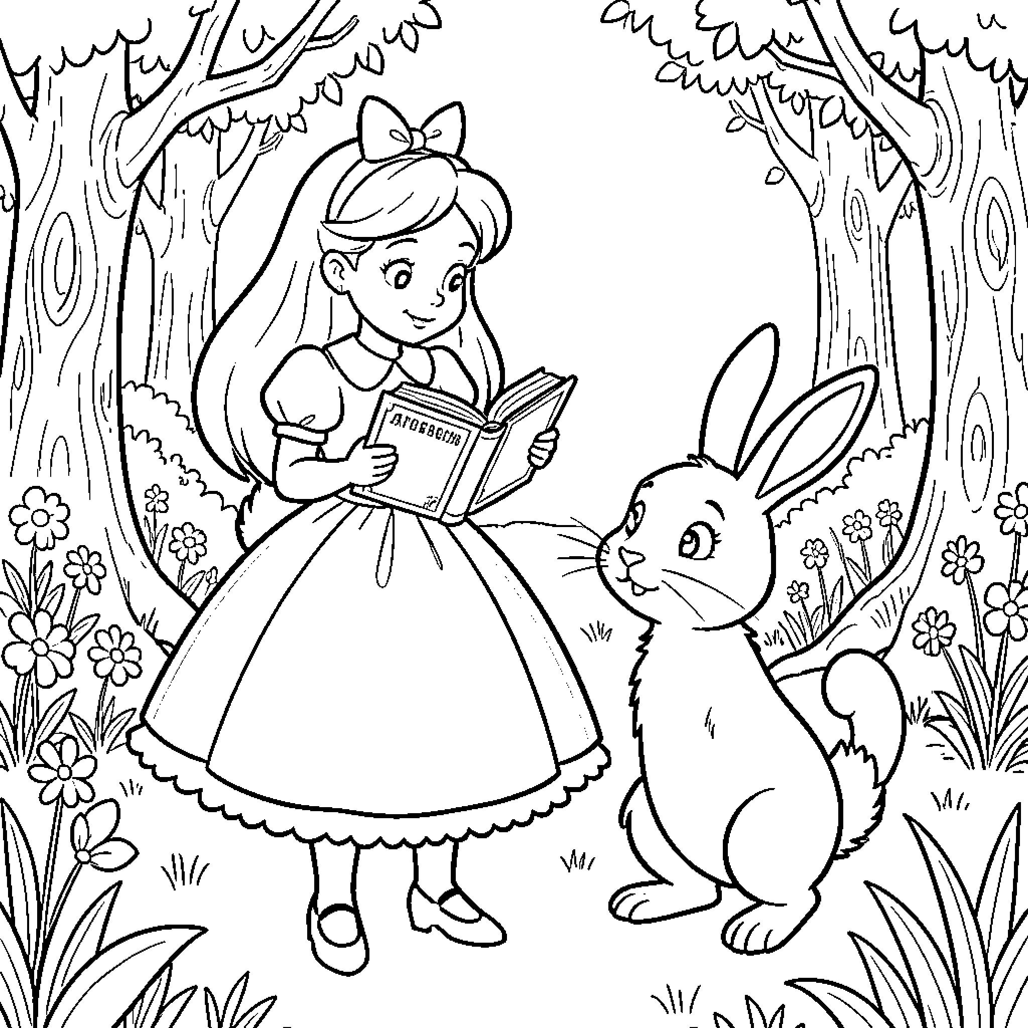 Alice reading a book with a curious rabbit Coloring Page (free black-and-white line drawing printable PDF for all, from beginners to advanced learners, including children, teens, adults, and seniors)