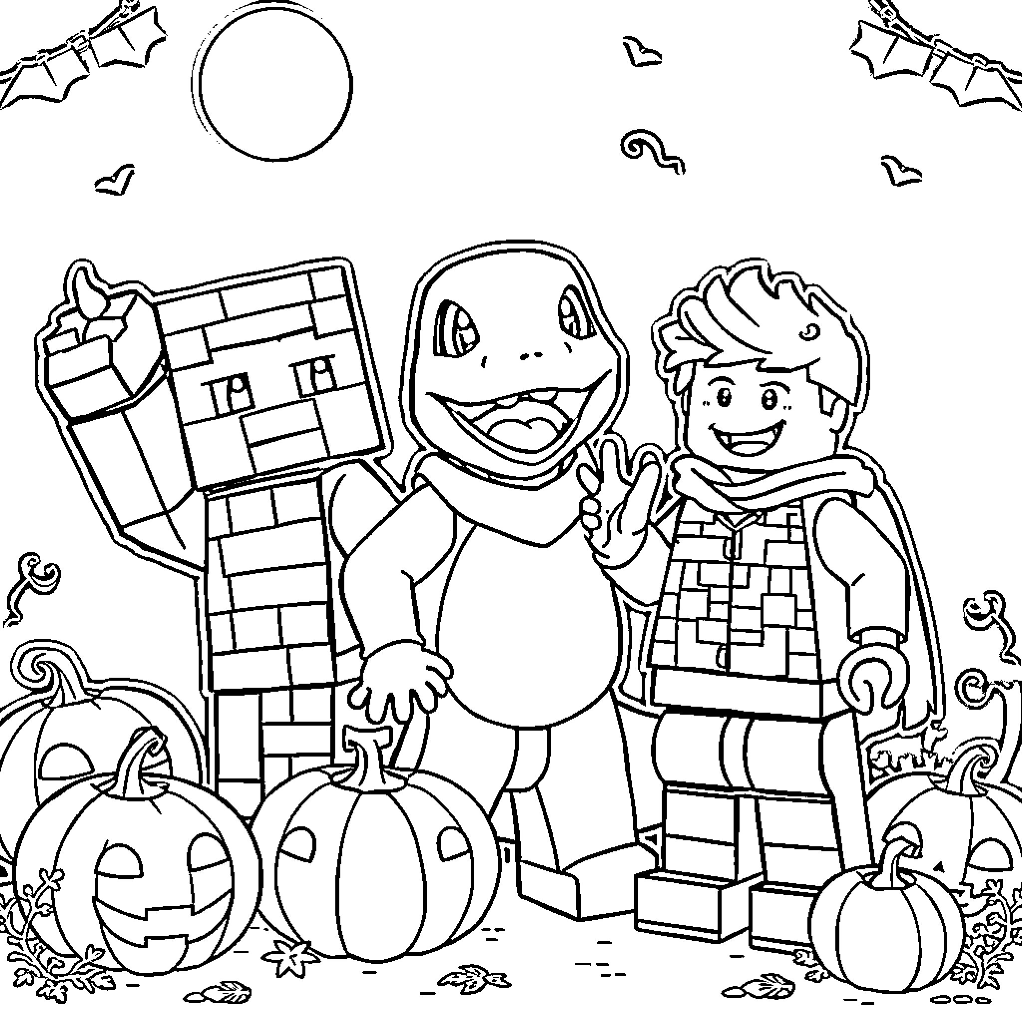 Steve and friends celebrate Halloween together Coloring Page (free black-and-white line drawing printable PDF for all, from beginners to advanced learners, including children, teens, adults, and seniors)