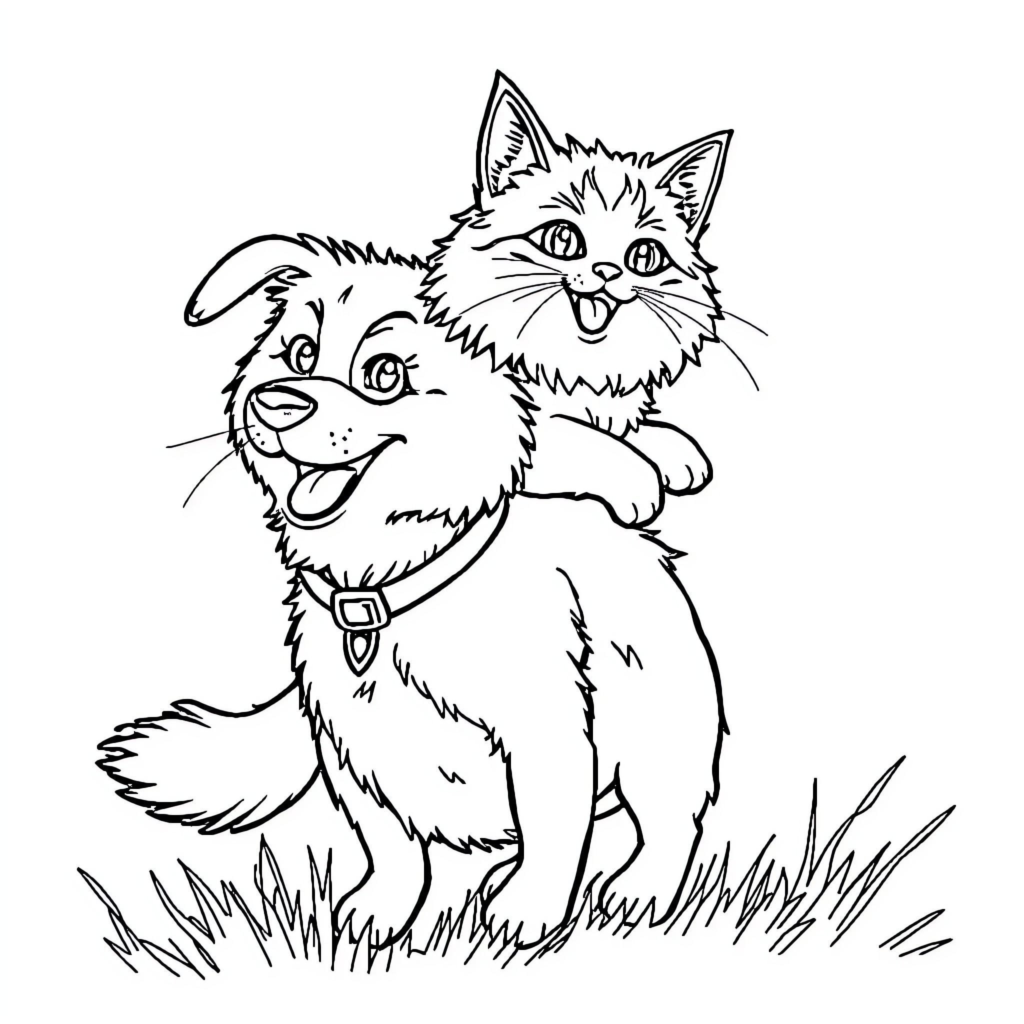 Cat and dog playing together happily Coloring Page (free black-and-white line drawing printable PDF for all, from beginners to advanced learners, including children, teens, adults, and seniors)