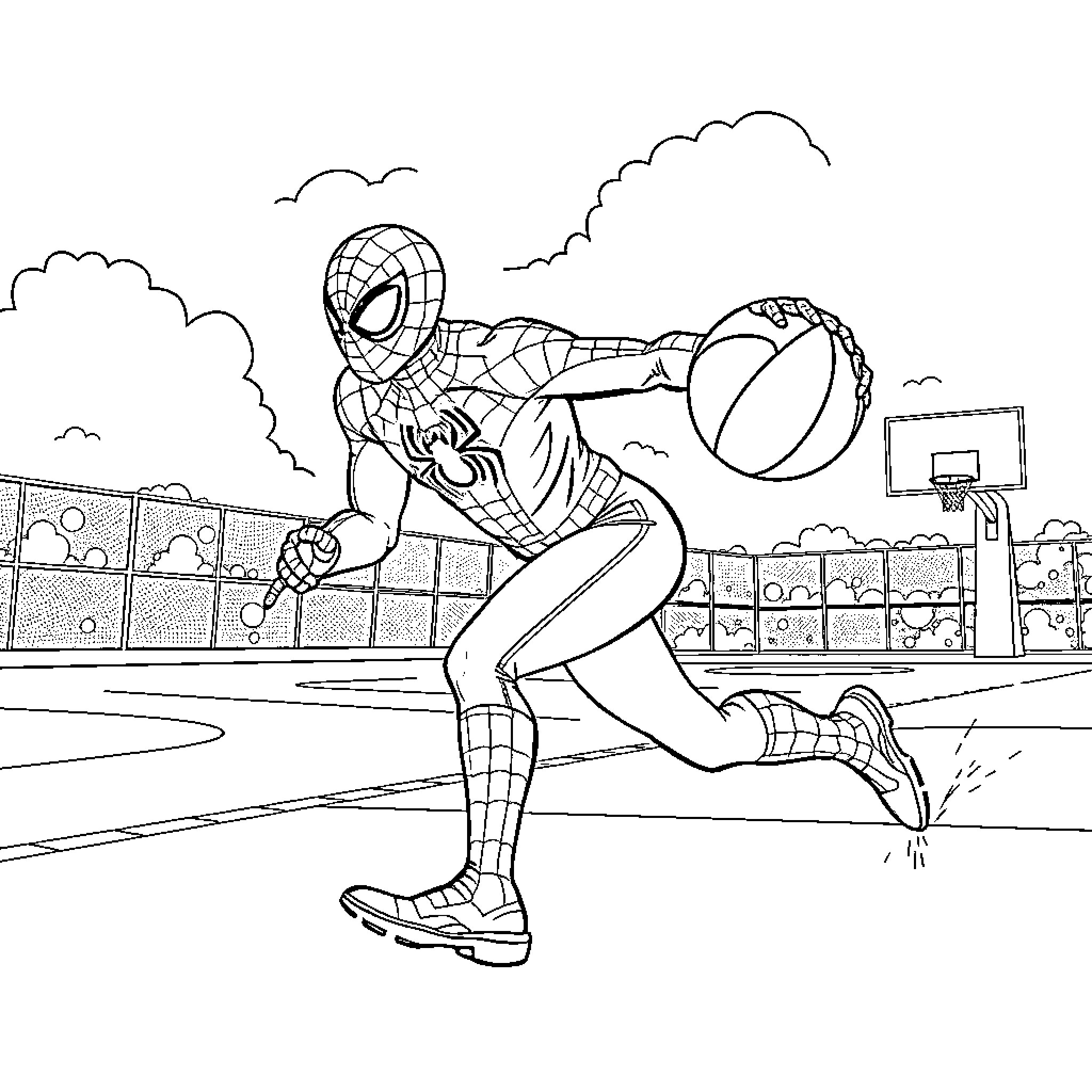 Spiderman playing basketball in the park Coloring Page (free black-and-white line drawing printable PDF for all, from beginners to advanced learners, including children, teens, adults, and seniors)