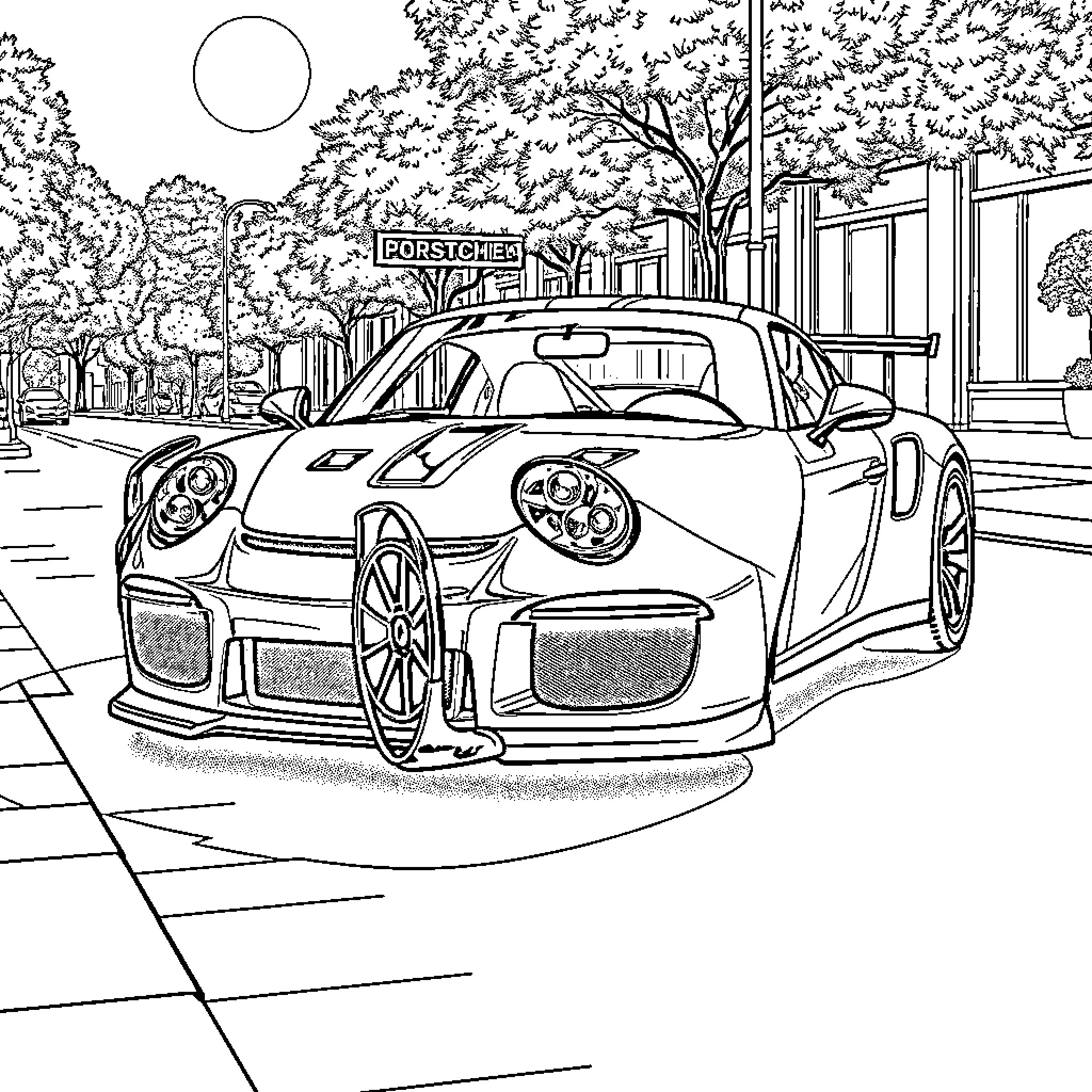 Porsche sports car parked on urban street Coloring Page (free black-and-white line drawing printable PDF for all, from beginners to advanced learners, including children, teens, adults, and seniors)