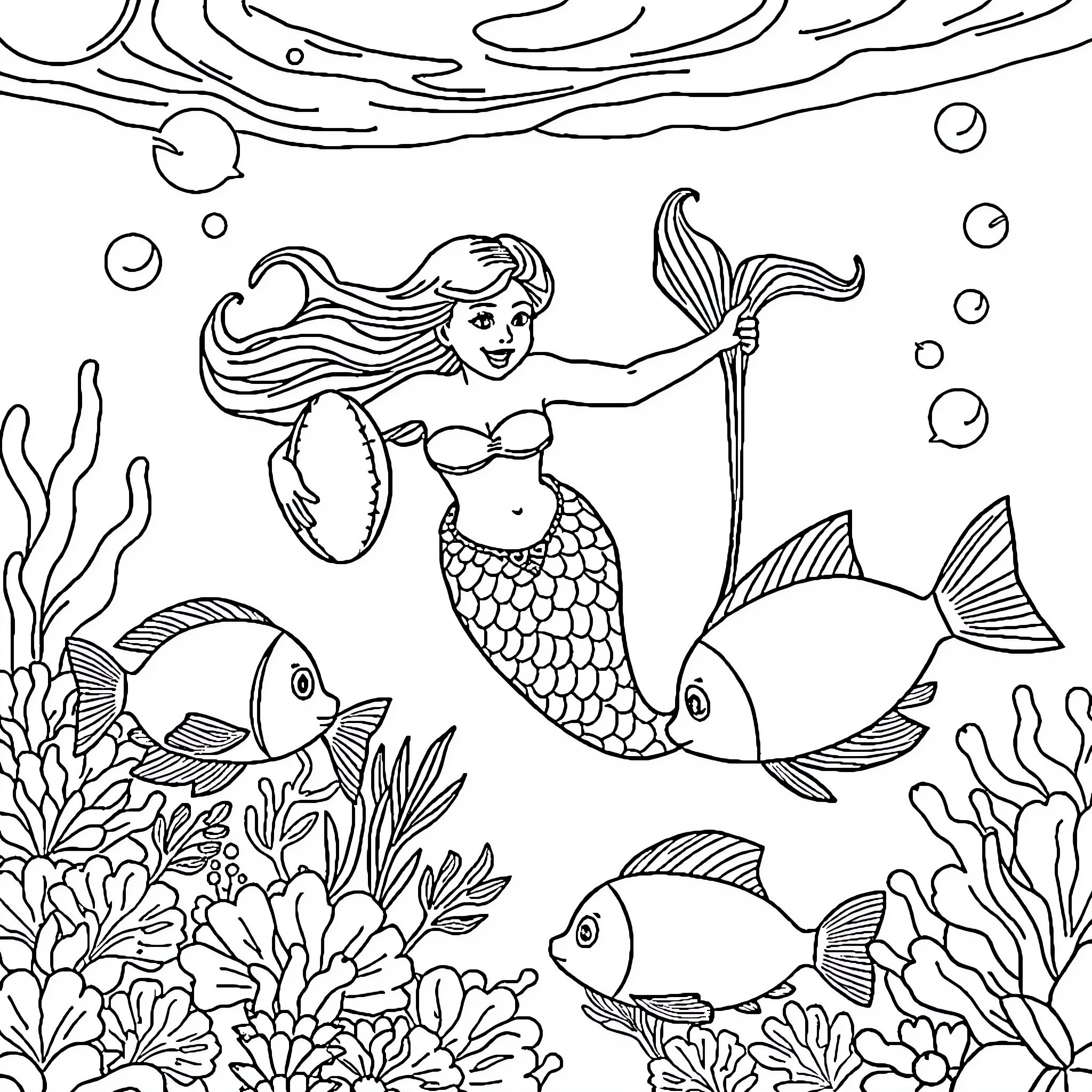 Mermaid swimming gracefully among colorful sea creatures Coloring Page (free black-and-white line drawing printable PDF for all, from beginners to advanced learners, including children, teens, adults, and seniors)