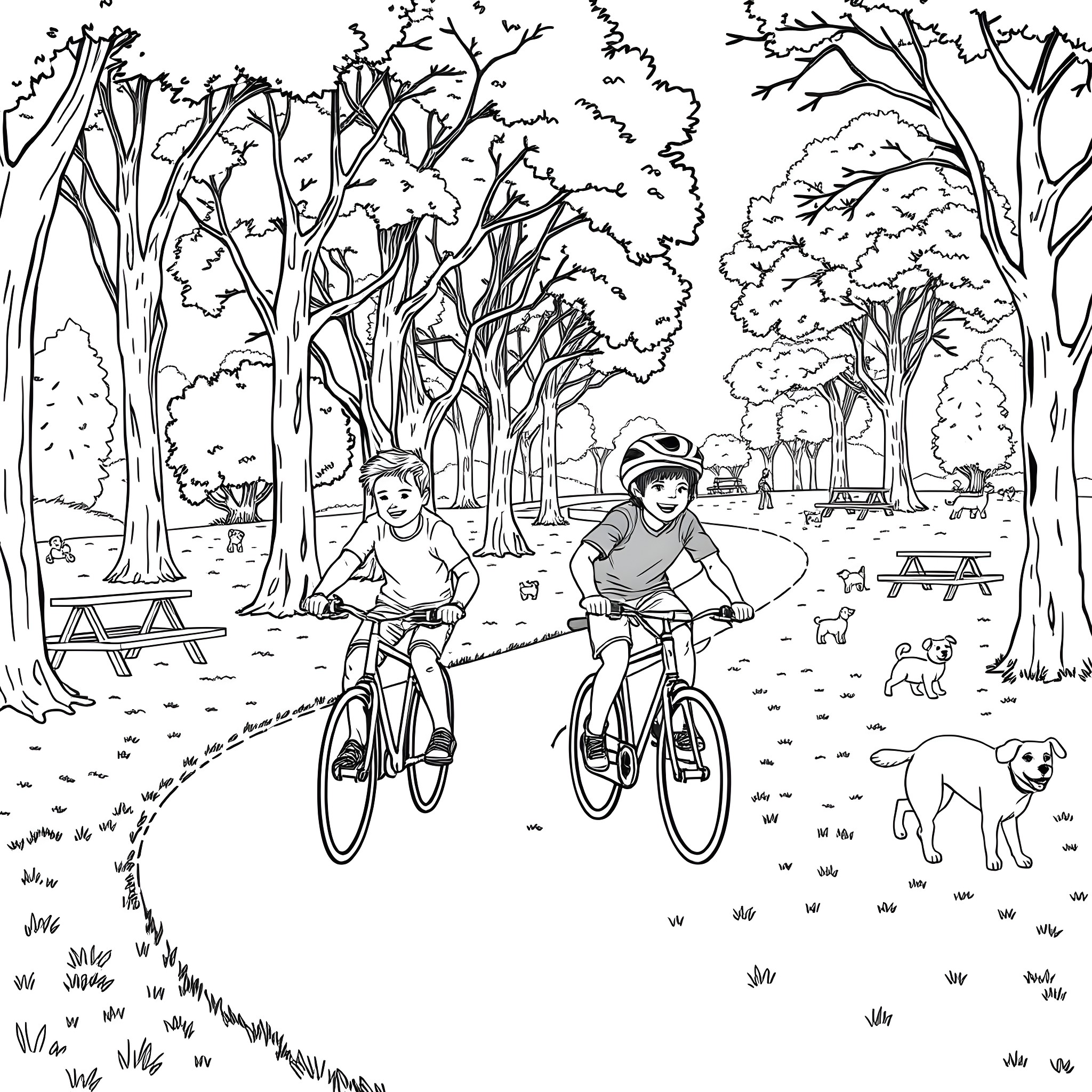 Teen Guys Biking Through the Scenic Forest Coloring Page (free black-and-white line drawing printable PDF for all, from beginners to advanced learners, including children, teens, adults, and seniors)