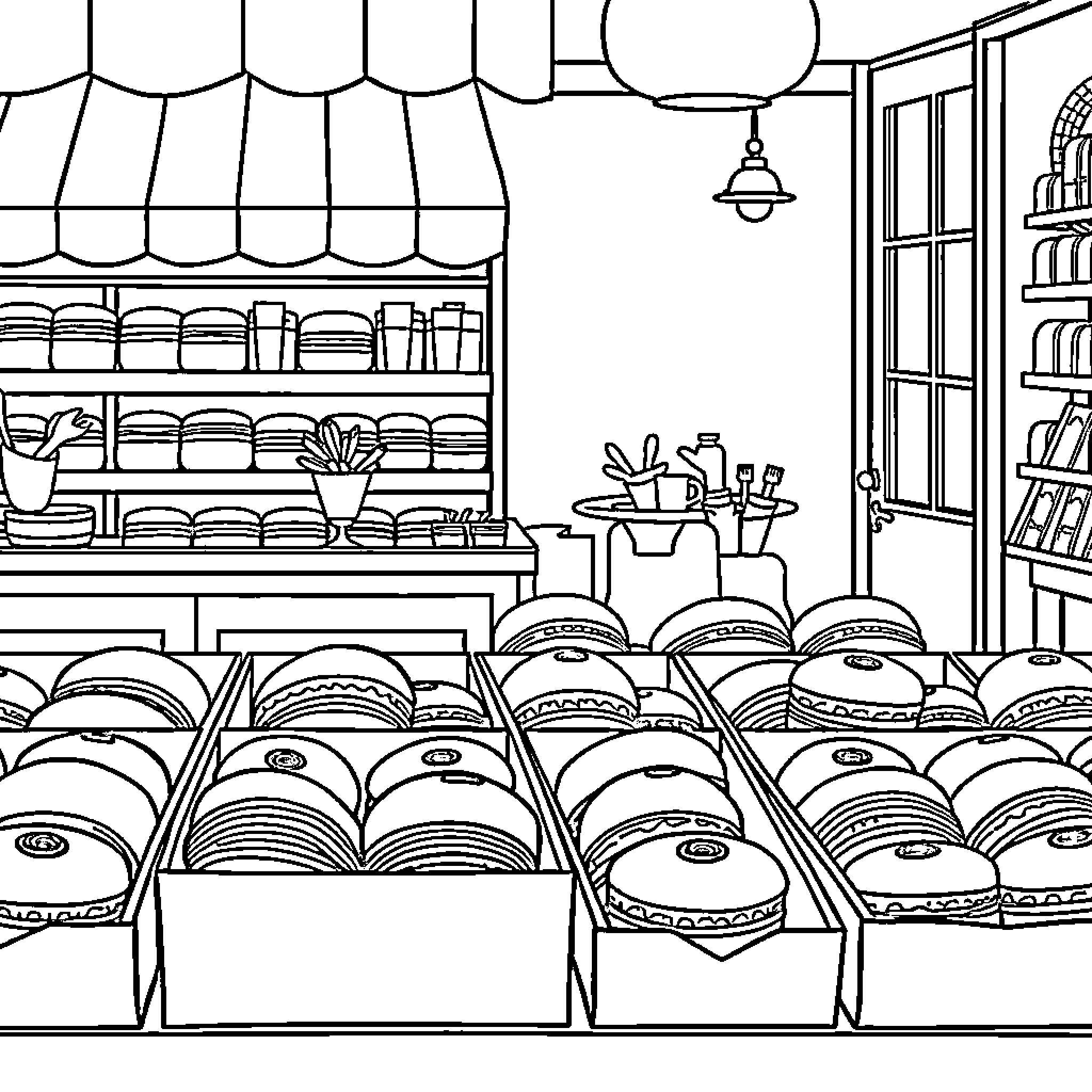 Macaron shop with colorful pastries and display Coloring Page (free black-and-white line drawing printable PDF for all, from beginners to advanced learners, including children, teens, adults, and seniors)