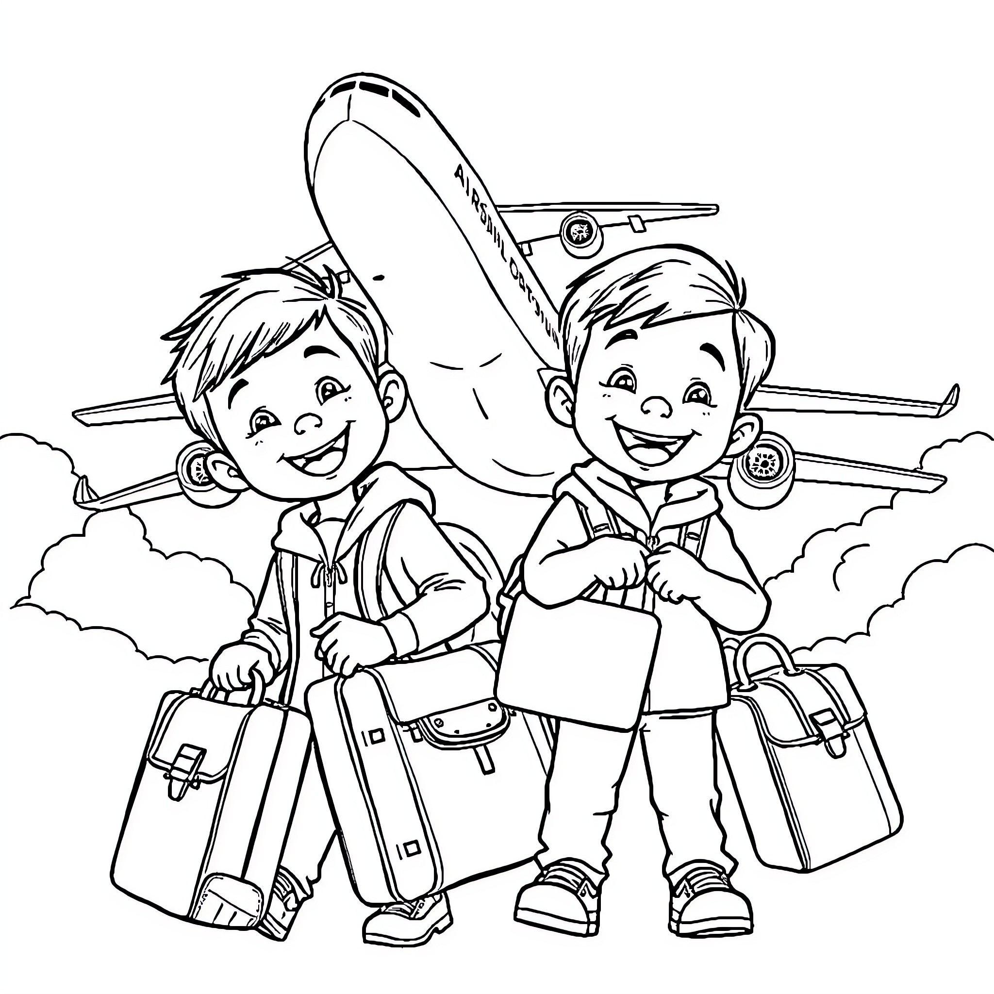 Child pilots excited for aviation adventure Coloring Page (free black-and-white line drawing printable PDF for all, from beginners to advanced learners, including children, teens, adults, and seniors)
