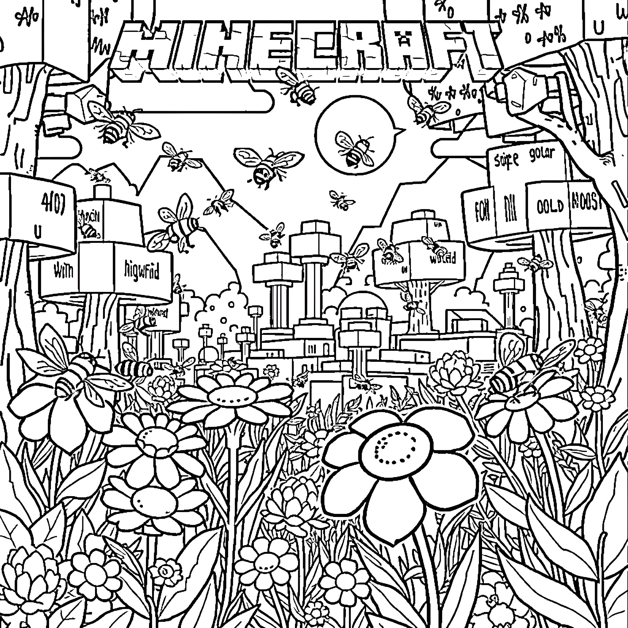 Bees buzzing in a vibrant floral landscape Coloring Page (free black-and-white line drawing printable PDF for all, from beginners to advanced learners, including children, teens, adults, and seniors)