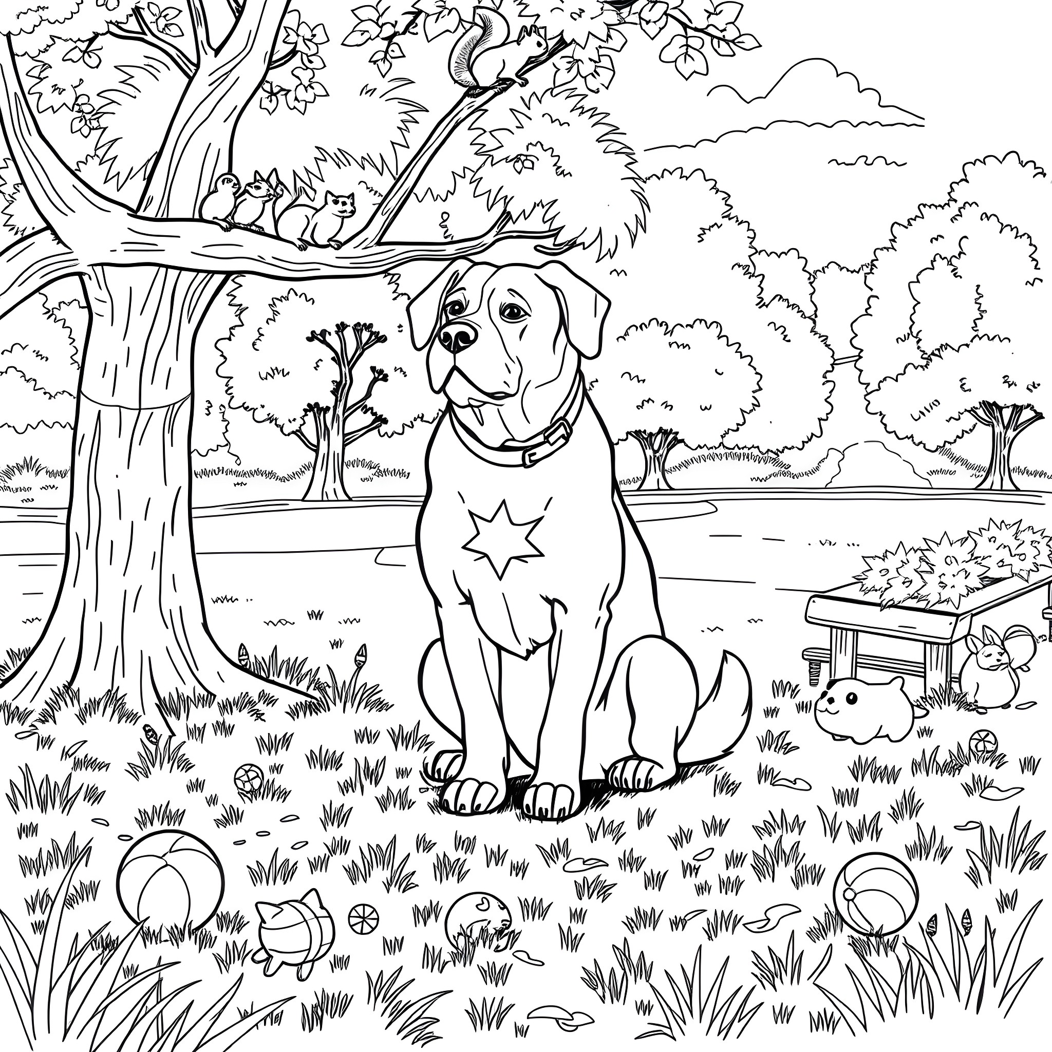 Dog enjoying the peaceful park scenery Coloring Page (free black-and-white line drawing printable PDF for all, from beginners to advanced learners, including children, teens, adults, and seniors)