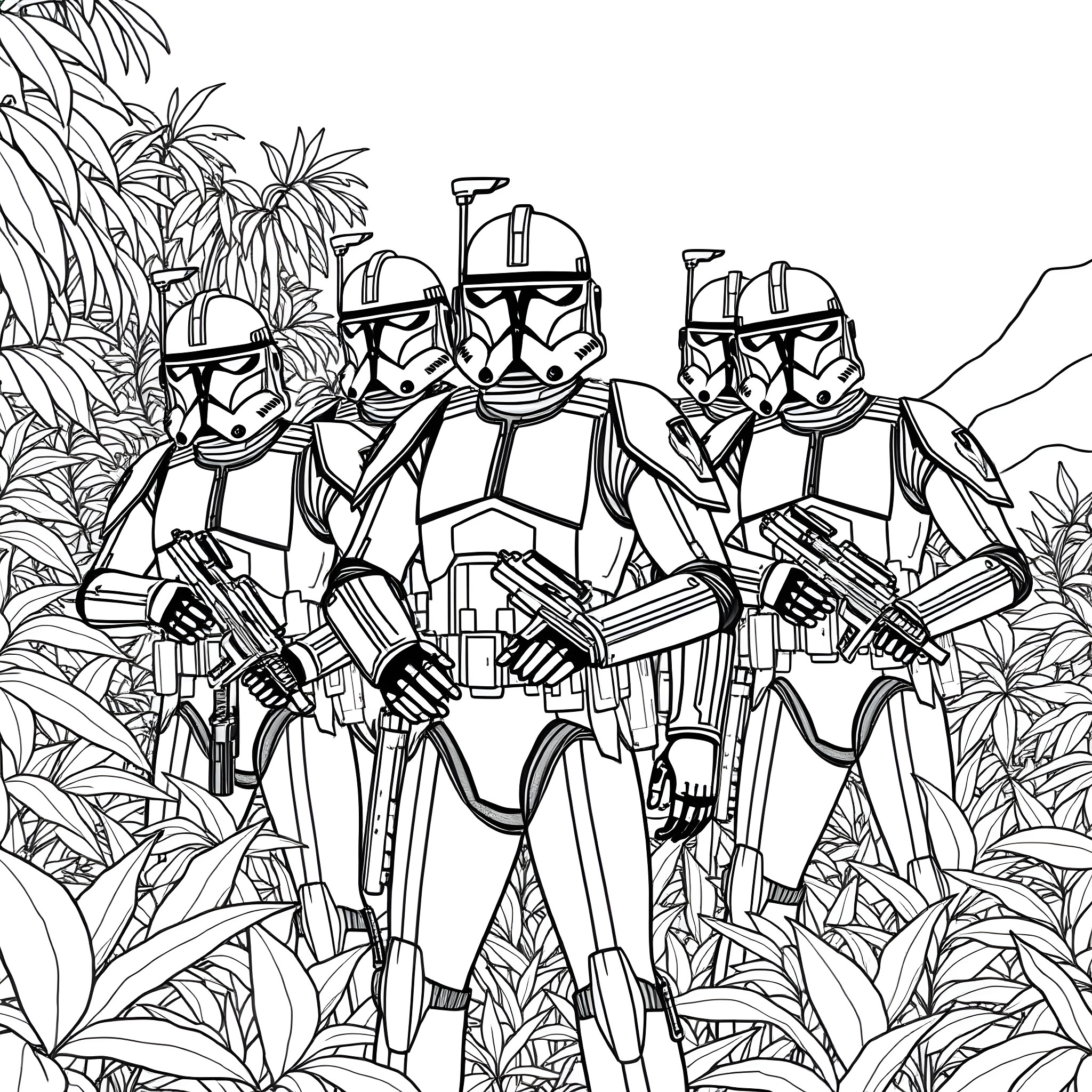 Clone Troopers on patrol in the jungle Coloring Page (free black-and-white line drawing printable PDF for all, from beginners to advanced learners, including children, teens, adults, and seniors)