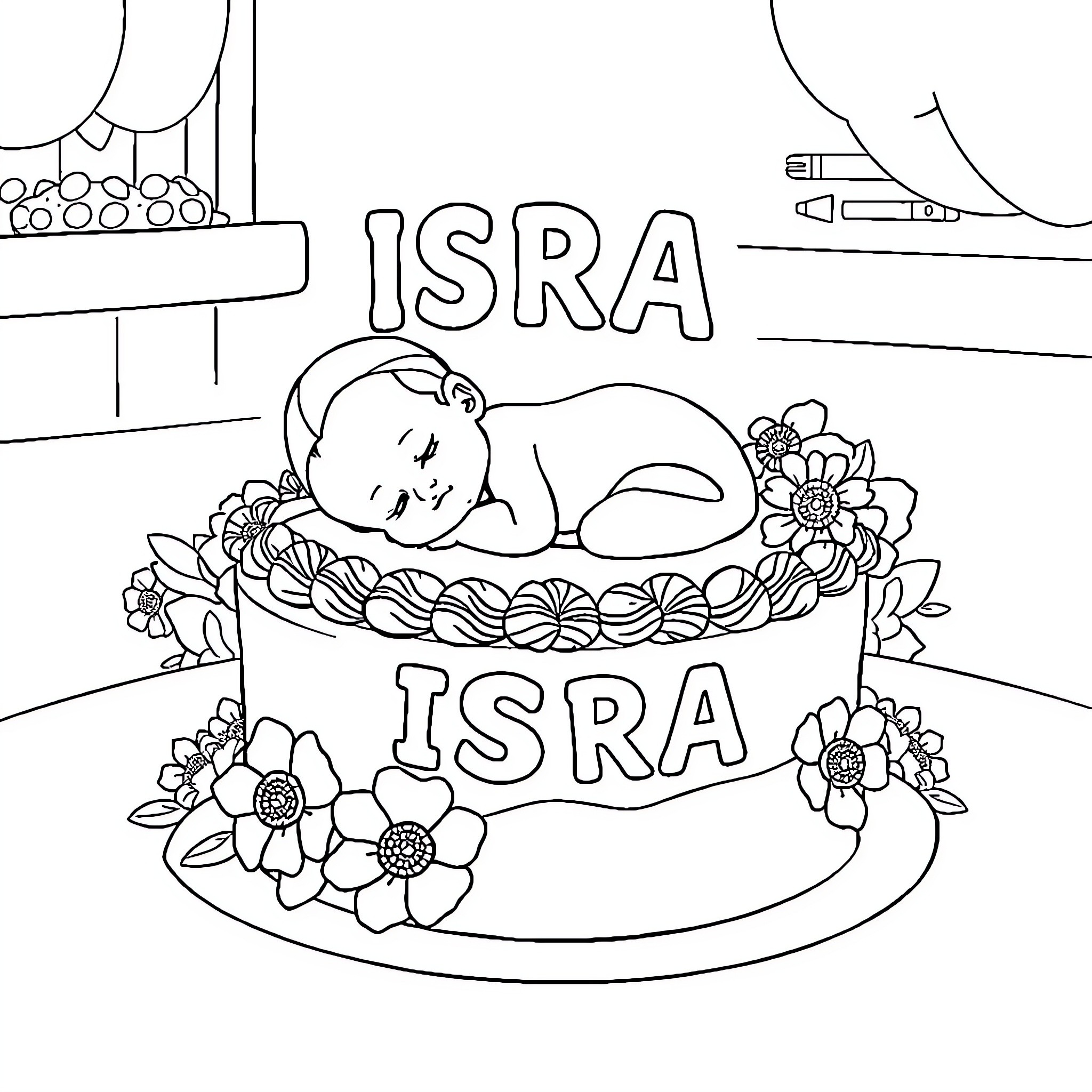 Baby sleeping peacefully on a decorated cake Coloring Page (free black-and-white line drawing printable PDF for all, from beginners to advanced learners, including children, teens, adults, and seniors)