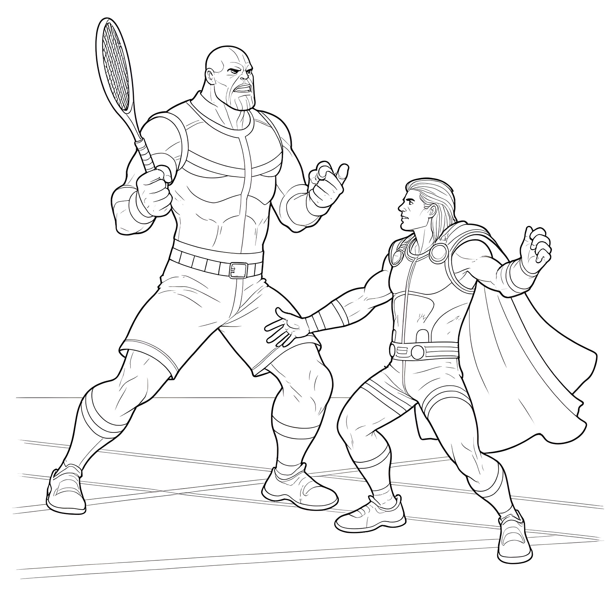 Thanos and Thor in an epic battle scene Coloring Page (free black-and-white line drawing printable PDF for all, from beginners to advanced learners, including children, teens, adults, and seniors)