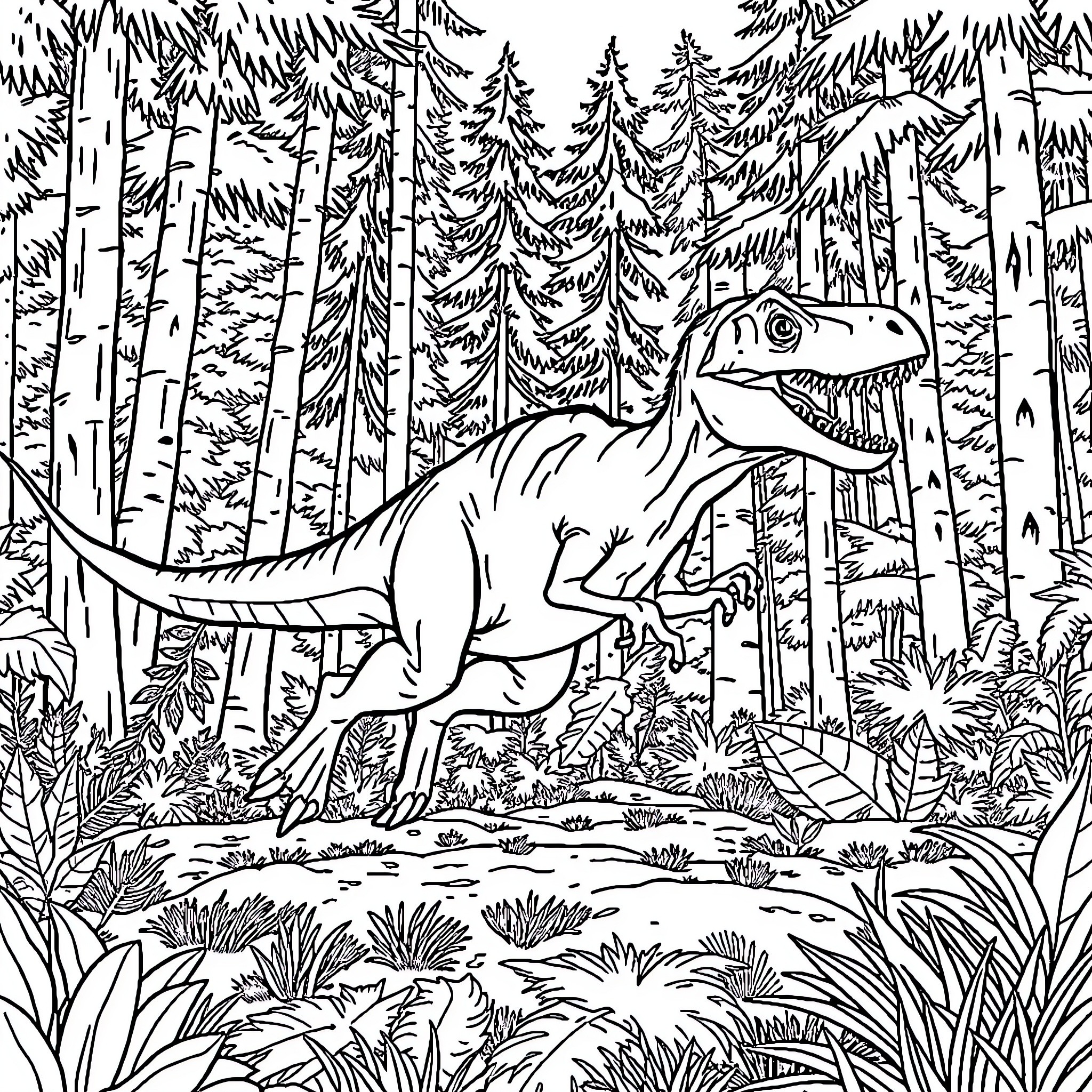 Velociraptor stalking through the prehistoric forest Coloring Page (free black-and-white line drawing printable PDF for all, from beginners to advanced learners, including children, teens, adults, and seniors)