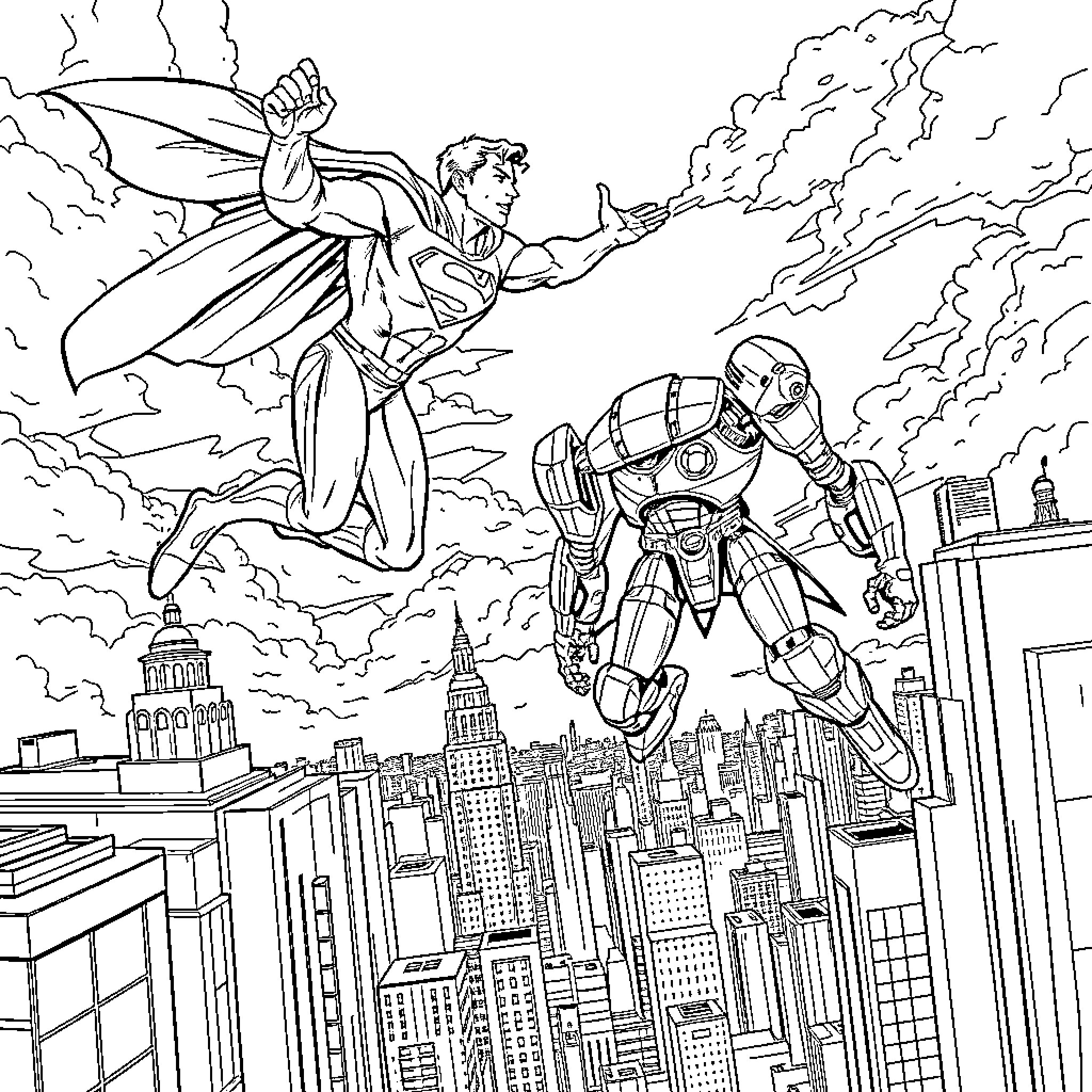 Superman and Iron Man battling over city skyline Coloring Page (free black-and-white line drawing printable PDF for all, from beginners to advanced learners, including children, teens, adults, and seniors)