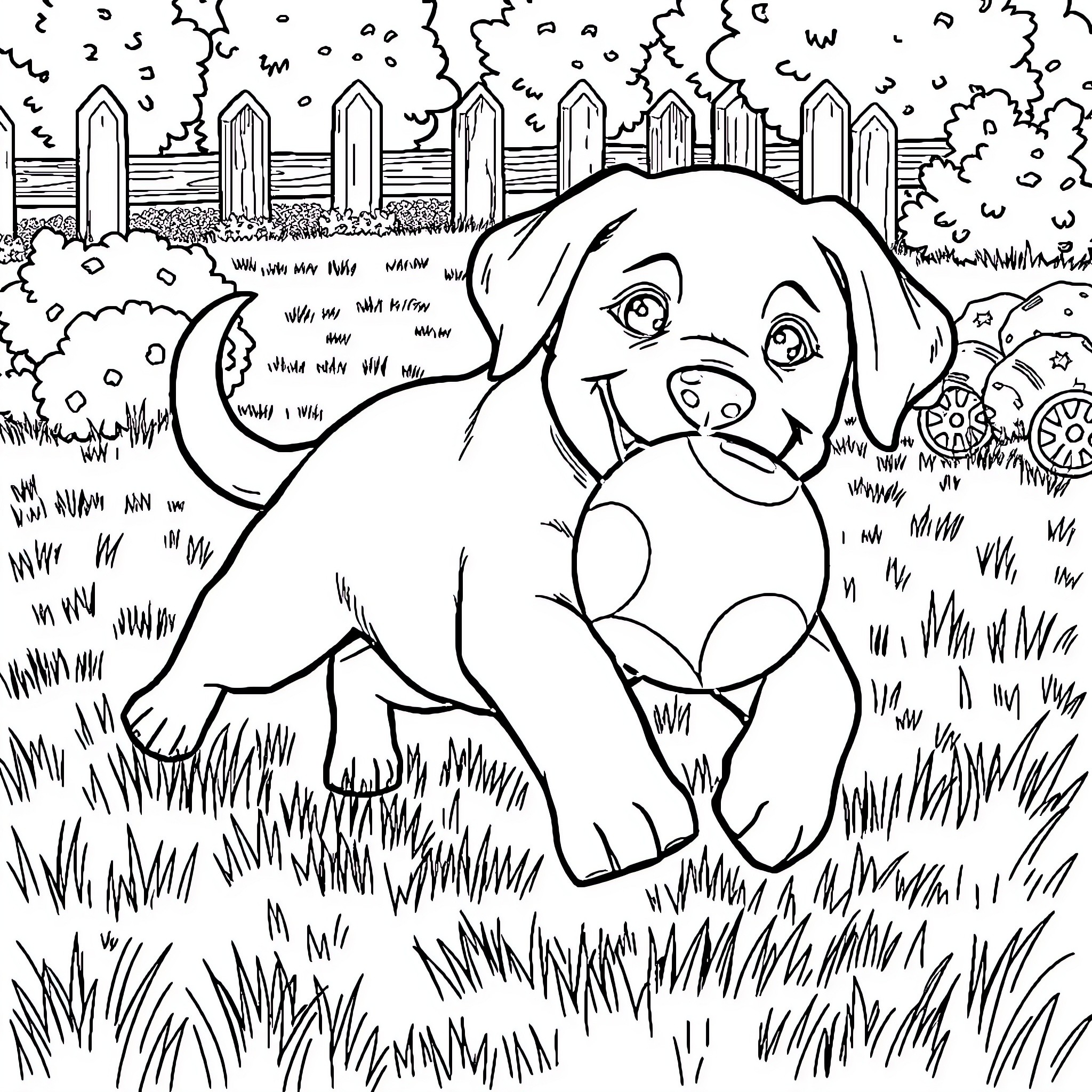 Puppy playing joyfully in a grassy field Coloring Page (free black-and-white line drawing printable PDF for all, from beginners to advanced learners, including children, teens, adults, and seniors)