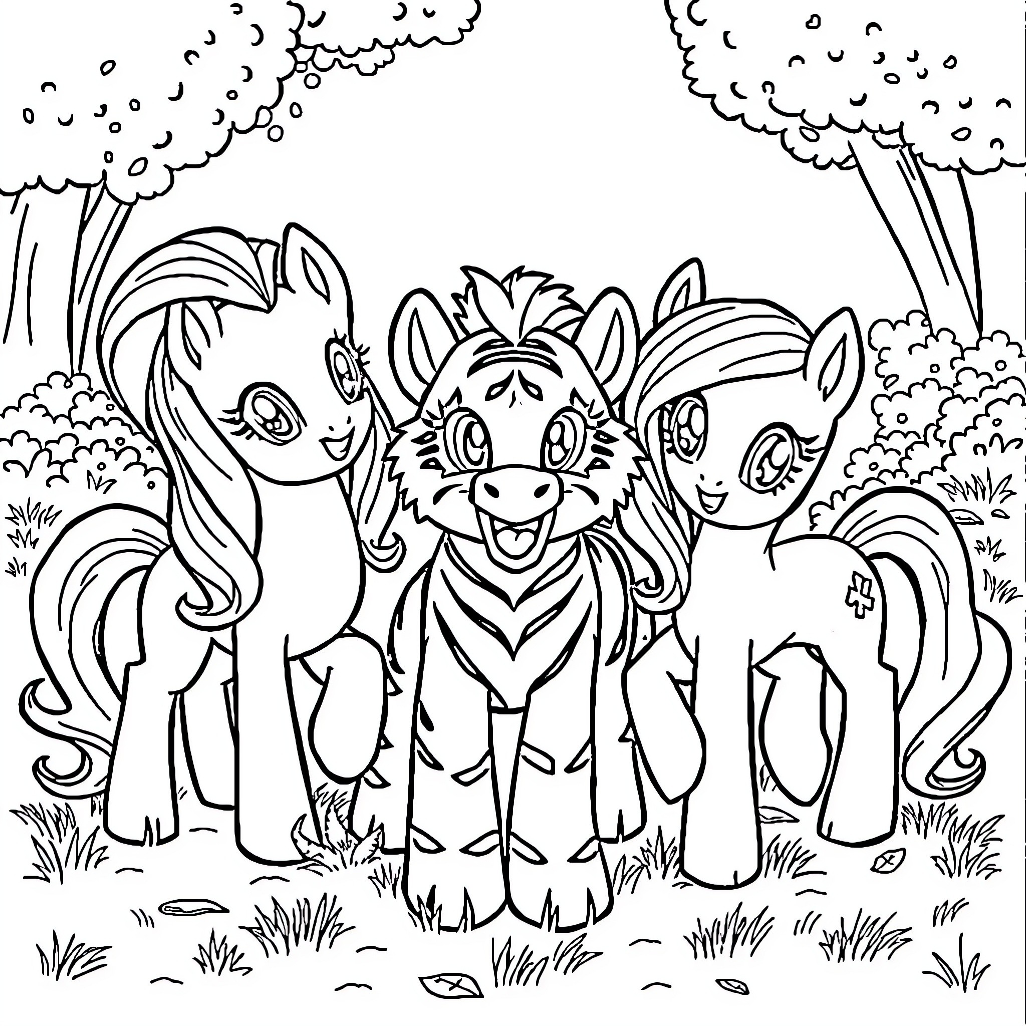 Pony friends exploring the enchanted forest Coloring Page (free black-and-white line drawing printable PDF for all, from beginners to advanced learners, including children, teens, adults, and seniors)