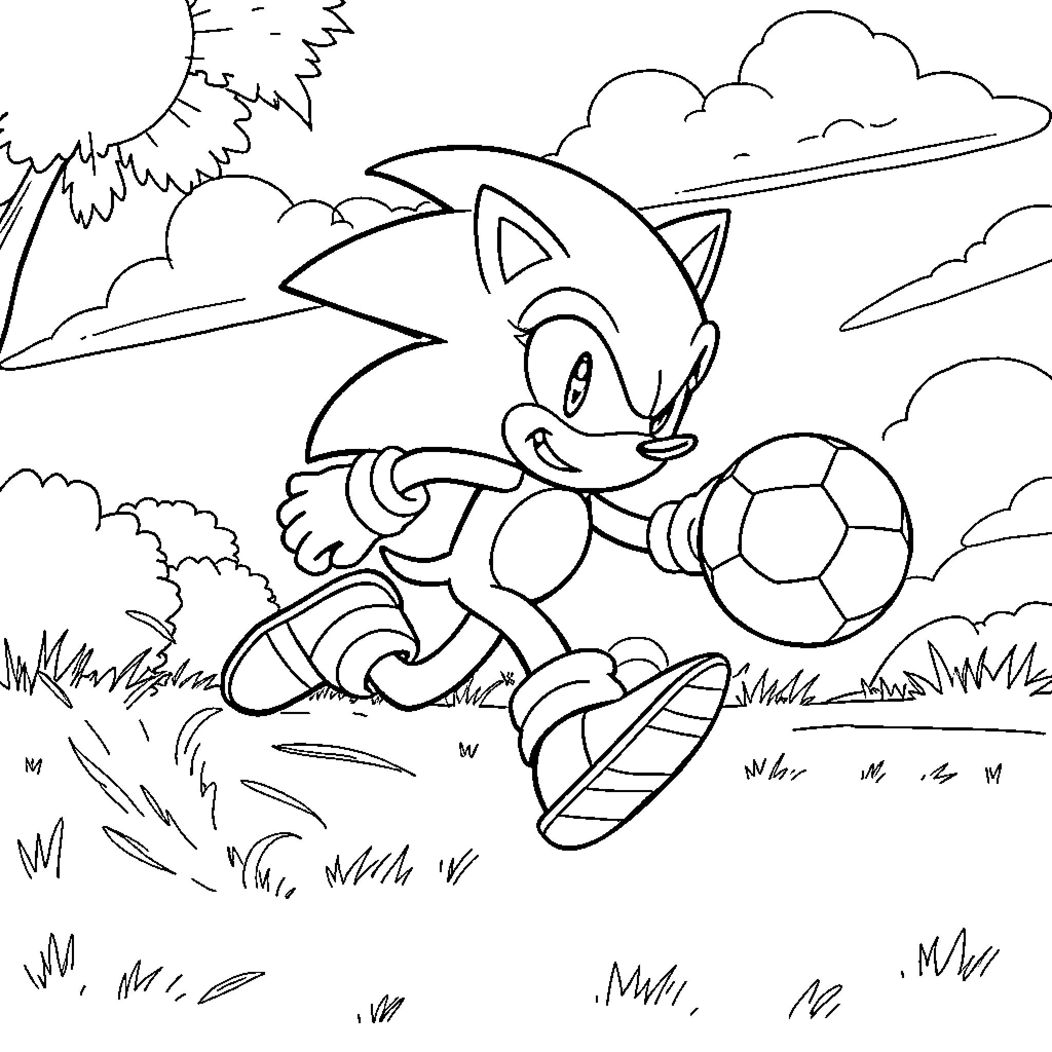 Sonic playing with soccer ball in nature Coloring Page (free black-and-white line drawing printable PDF for all, from beginners to advanced learners, including children, teens, adults, and seniors)