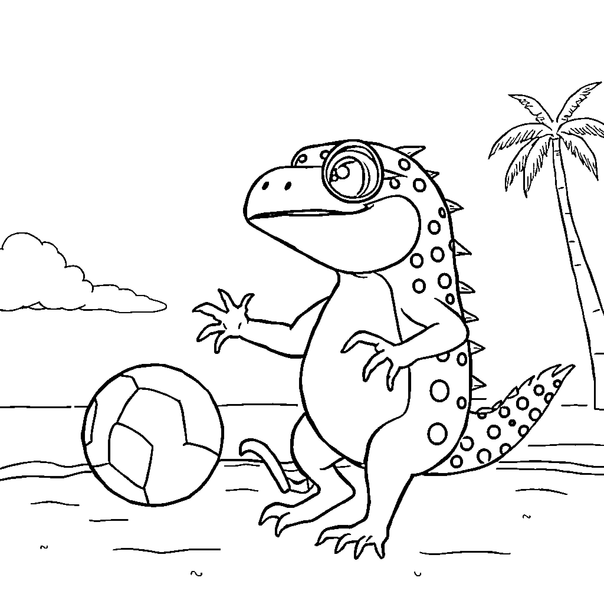 Cocodrilo playing with a beach ball on the shore Coloring Page (free black-and-white line drawing printable PDF for all, from beginners to advanced learners, including children, teens, adults, and seniors)
