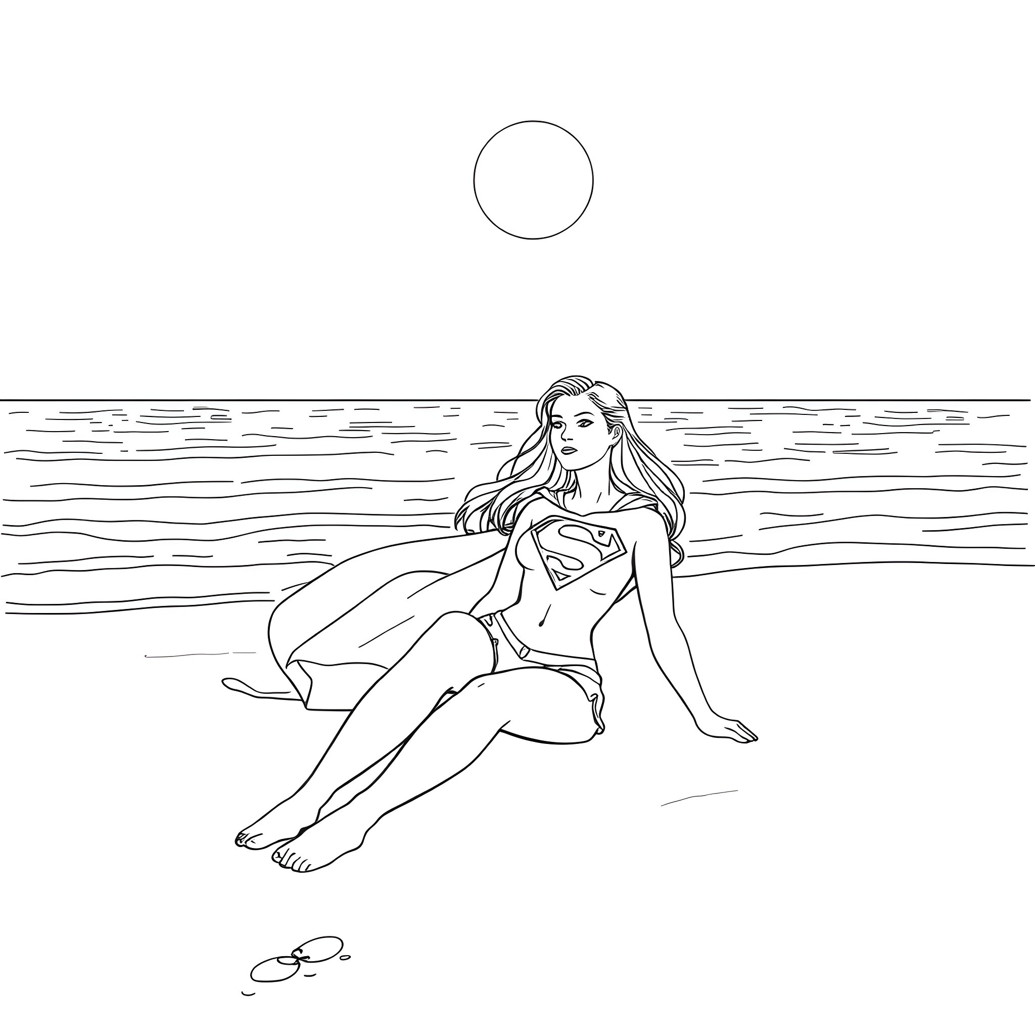 Supergirl relaxing on the beach Coloring Page (free black-and-white line drawing printable PDF for all, from beginners to advanced learners, including children, teens, adults, and seniors)